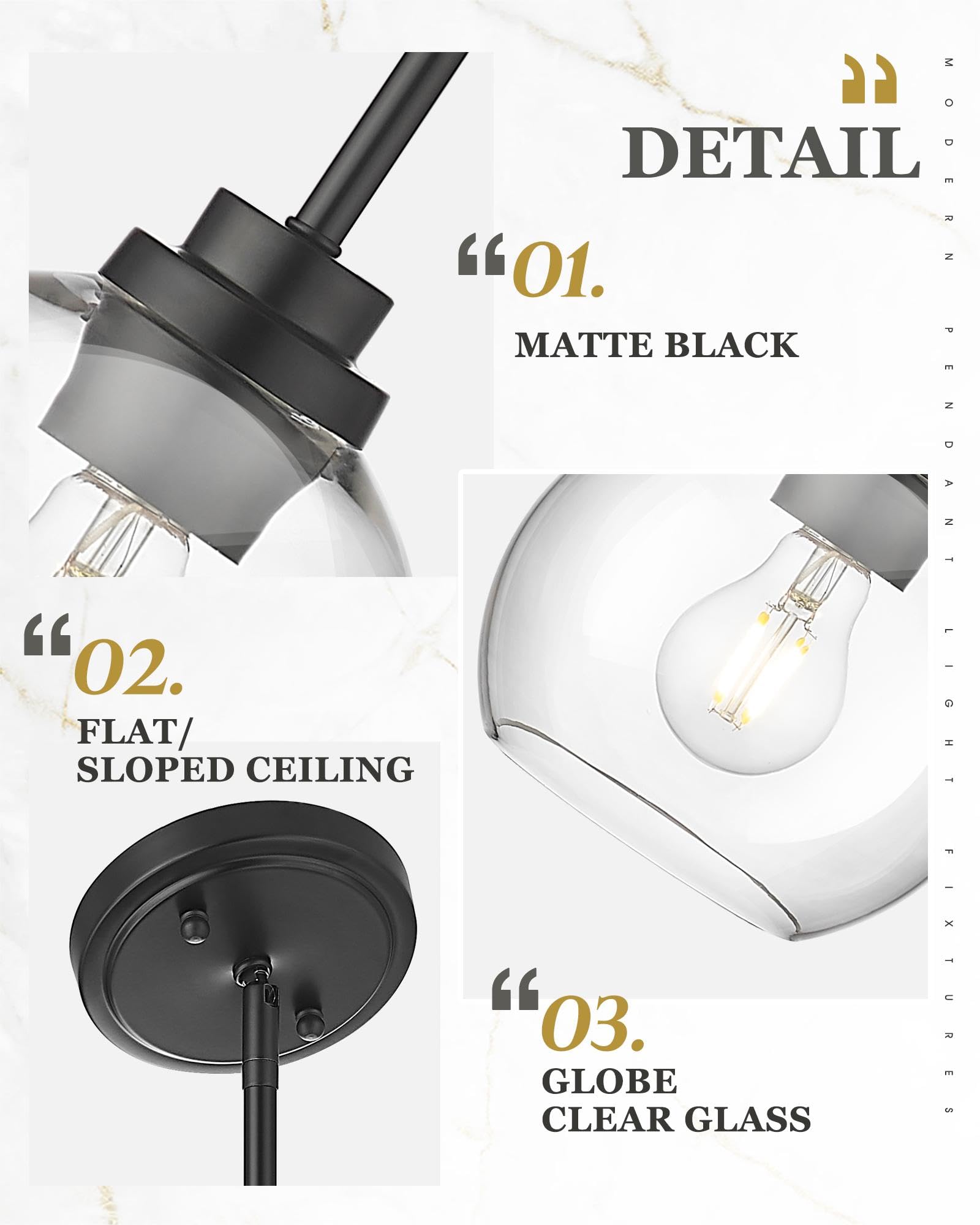 Audickic Pendant Lights Kitchen Island, 7&quot; Modern Black Hanging Lights Fixtures With Clear Glass Globe Shade, Kitchen Island Lighting For Bathroom, Ad-22280-1P-Bk-C