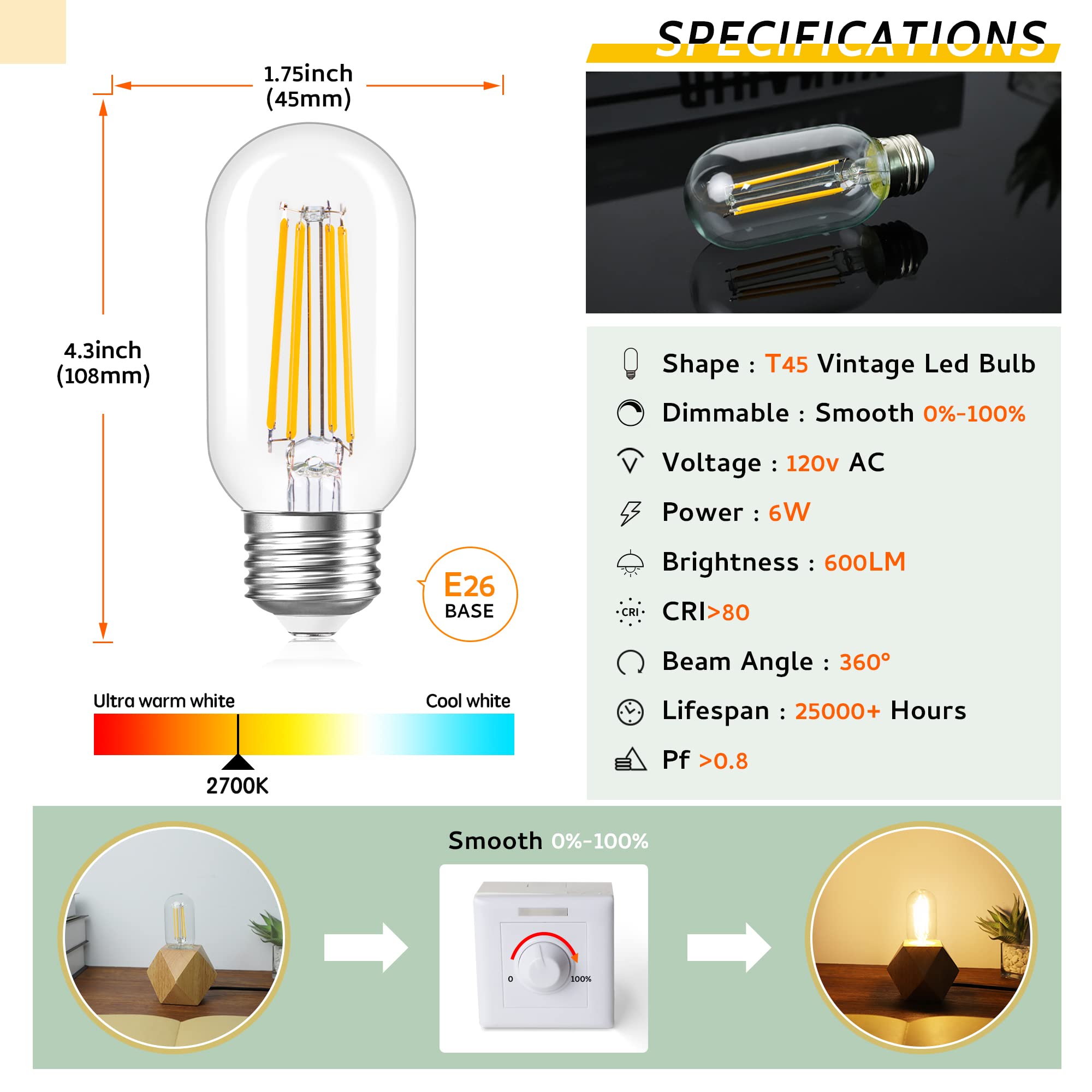 Sphoon Dimmable Tubular Led Bulb, 6W E26 Bulb T45 T14,60 Watt Edison Vintage Bulbs,Warm White 2700K,Clear Glass, 600Lm,Pack Of 6