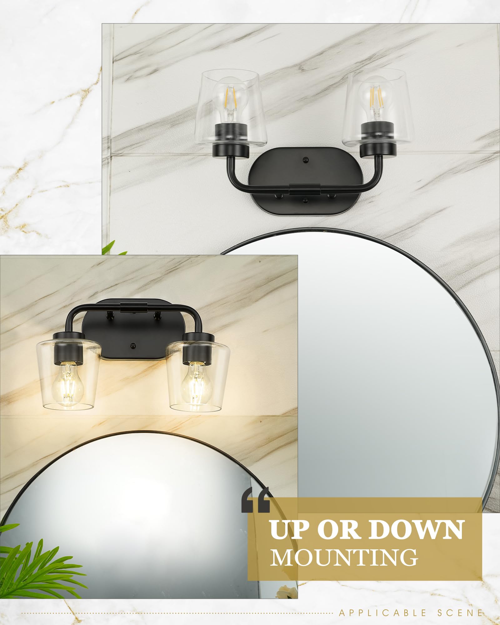 Audickic Bathroom Light Fixtures, 2-Light Matte Black Vanity Lights Over Mirror With Clear Glass, Modern Vanity Lighting Fixture