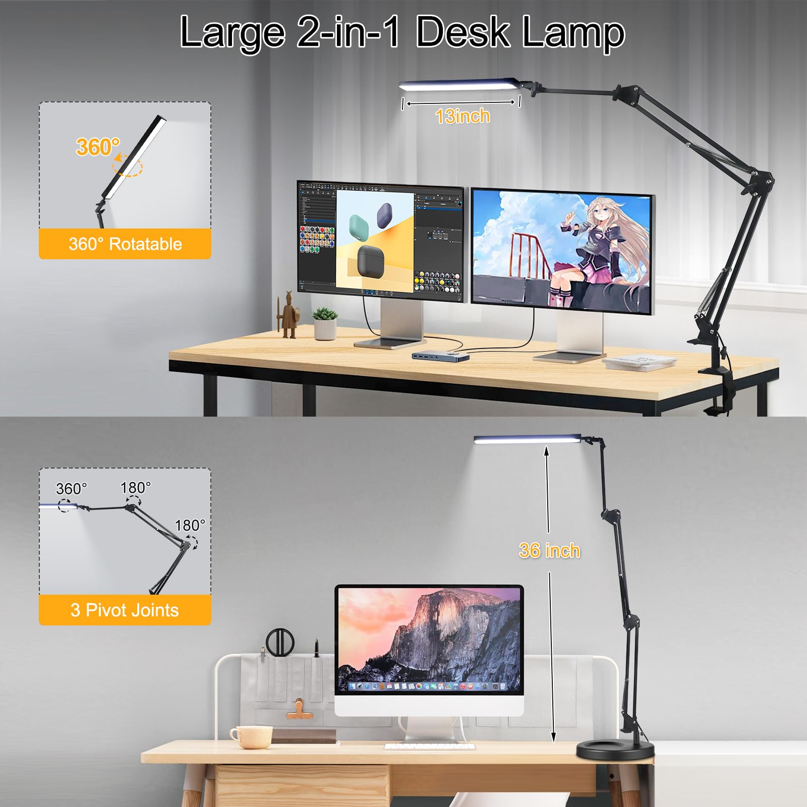 Noevsbig Led Desk Lamp With Clamp,2-In-1 Clamp On Desk Lamp With Base,50.7'' Adjustable Swing Arm Architect Desk Lamp,Memory Fun