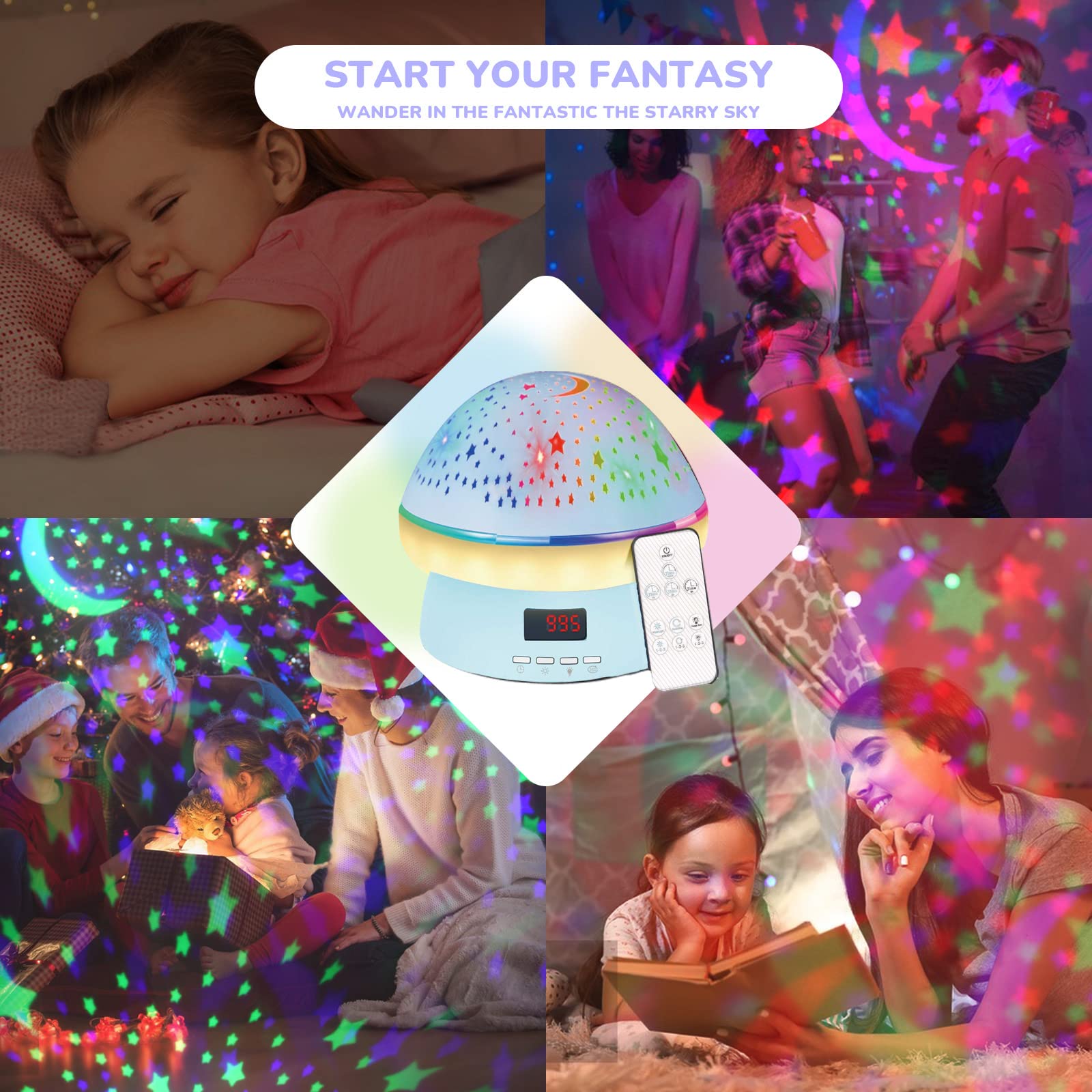 Remote Control and Timer Design Starry Sky Rotating Star Projector Night Light,16 Colorful Projector Light Dimmable LED Bedside