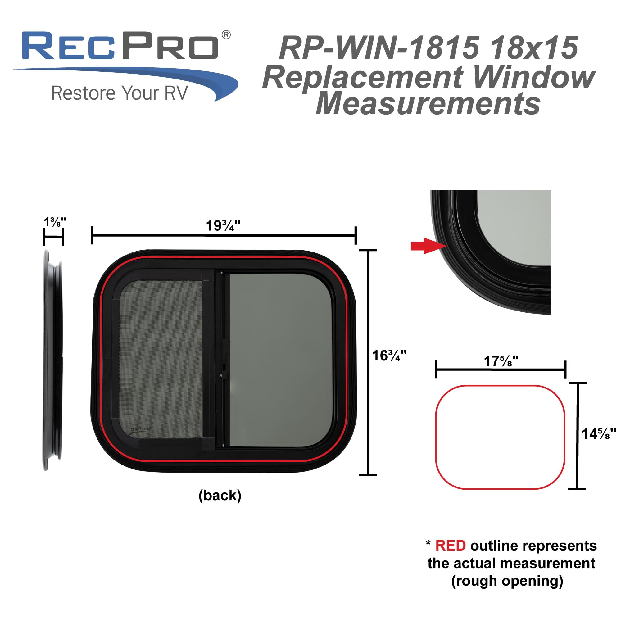 RecPro RV Window Replacement - 18"W x 15"H, Black Teardrop Style, Horizontal Sliding, Model RP-WIN, Made in USA