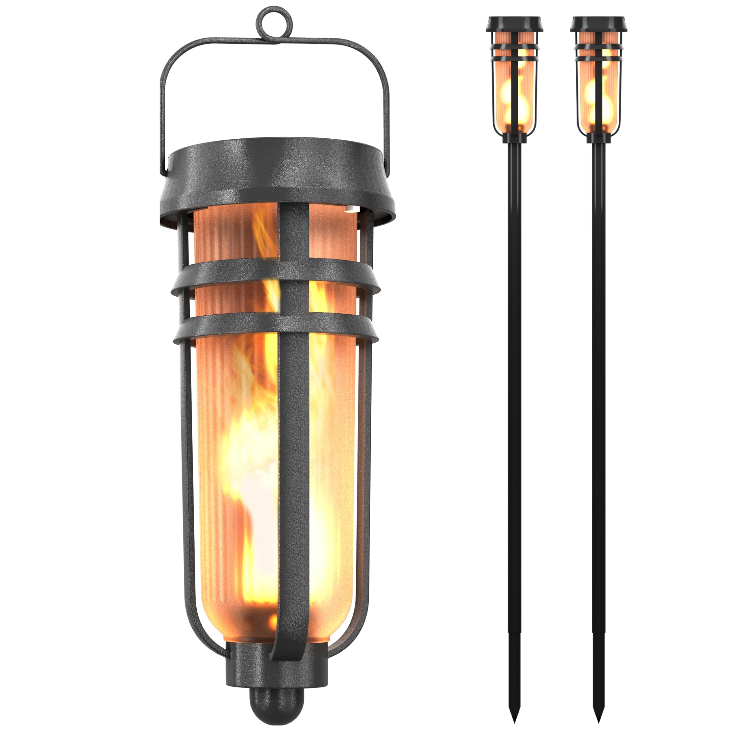 FoxFlame Metal Solar Torch Lights-Adjustable Height (24-50)  Outdoor Garden Decor with Patented LED  Waterproof Solar Tiki Torches for Yard Patio Garden Pathway Matte Black-2 Pack
