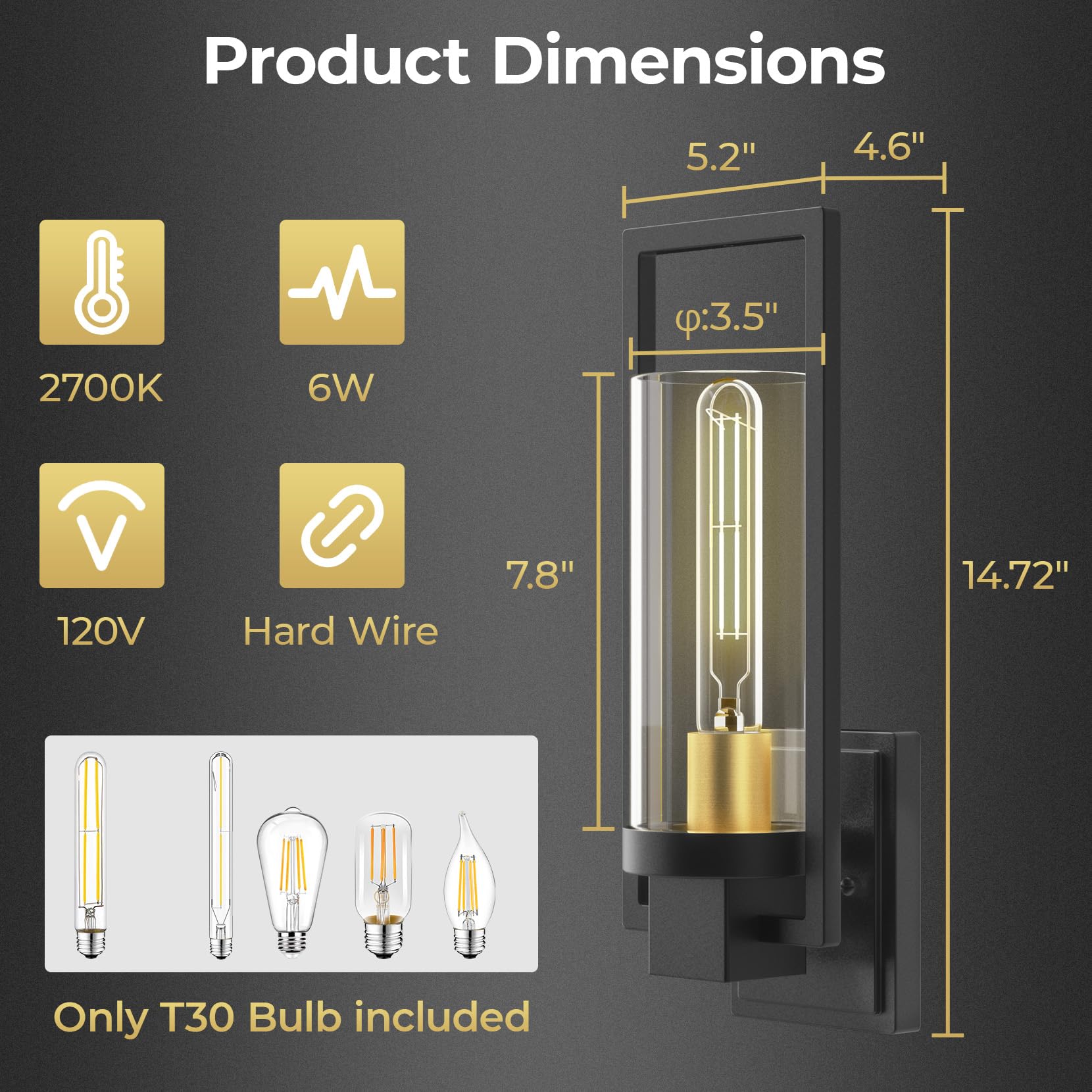 CINOTON Wall Sconces Set of 2, 15" Matte Black & Gold Vintage Light Fixtures, Hardwired AC 120V, Clear Glass for Living Room/Bedroom