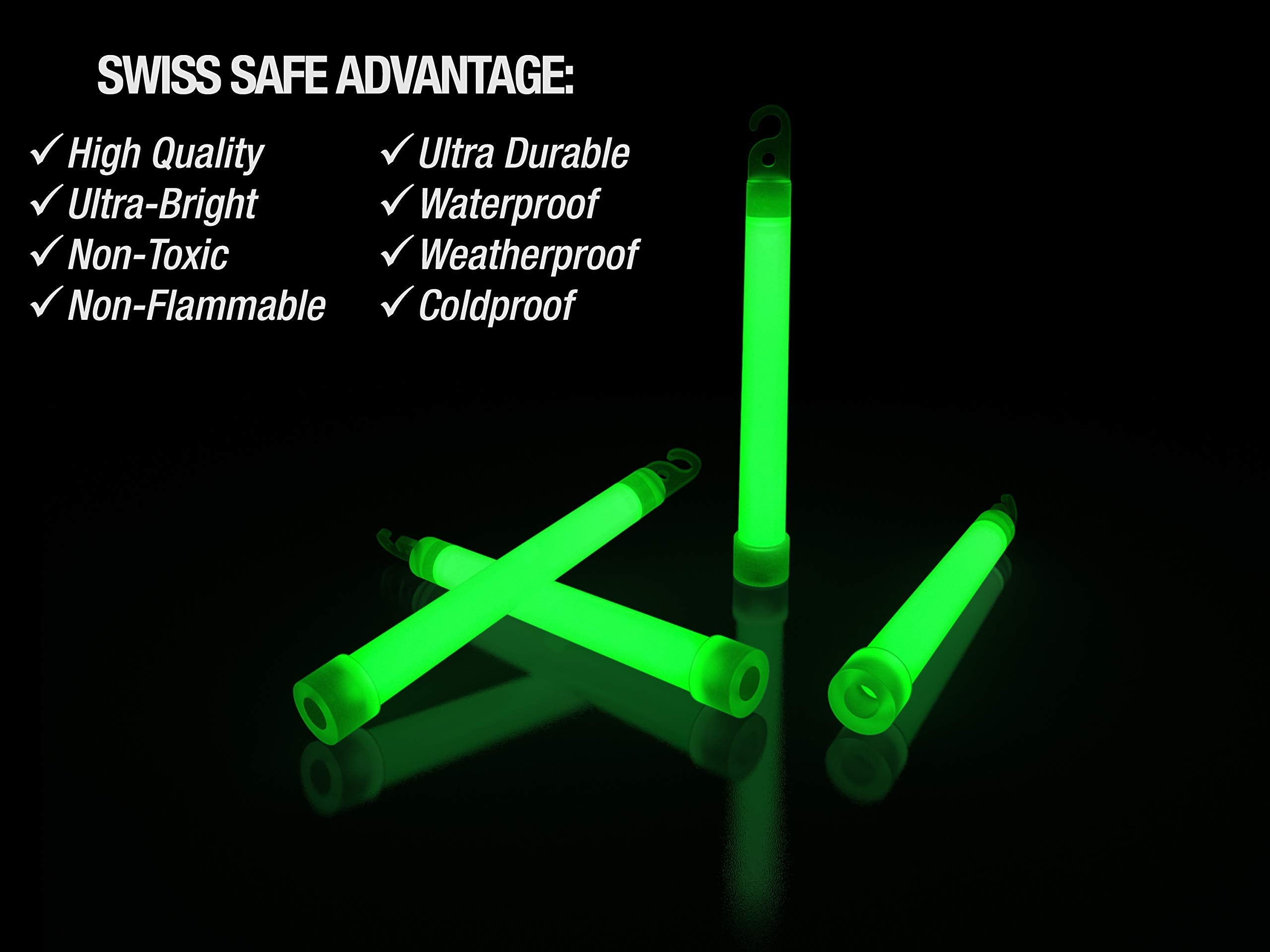 Swiss Safe Premium 6'' Glow Sticks - Extra Bright, 12+ Hour Duration, Emergency Ready (Green 12-Pack)