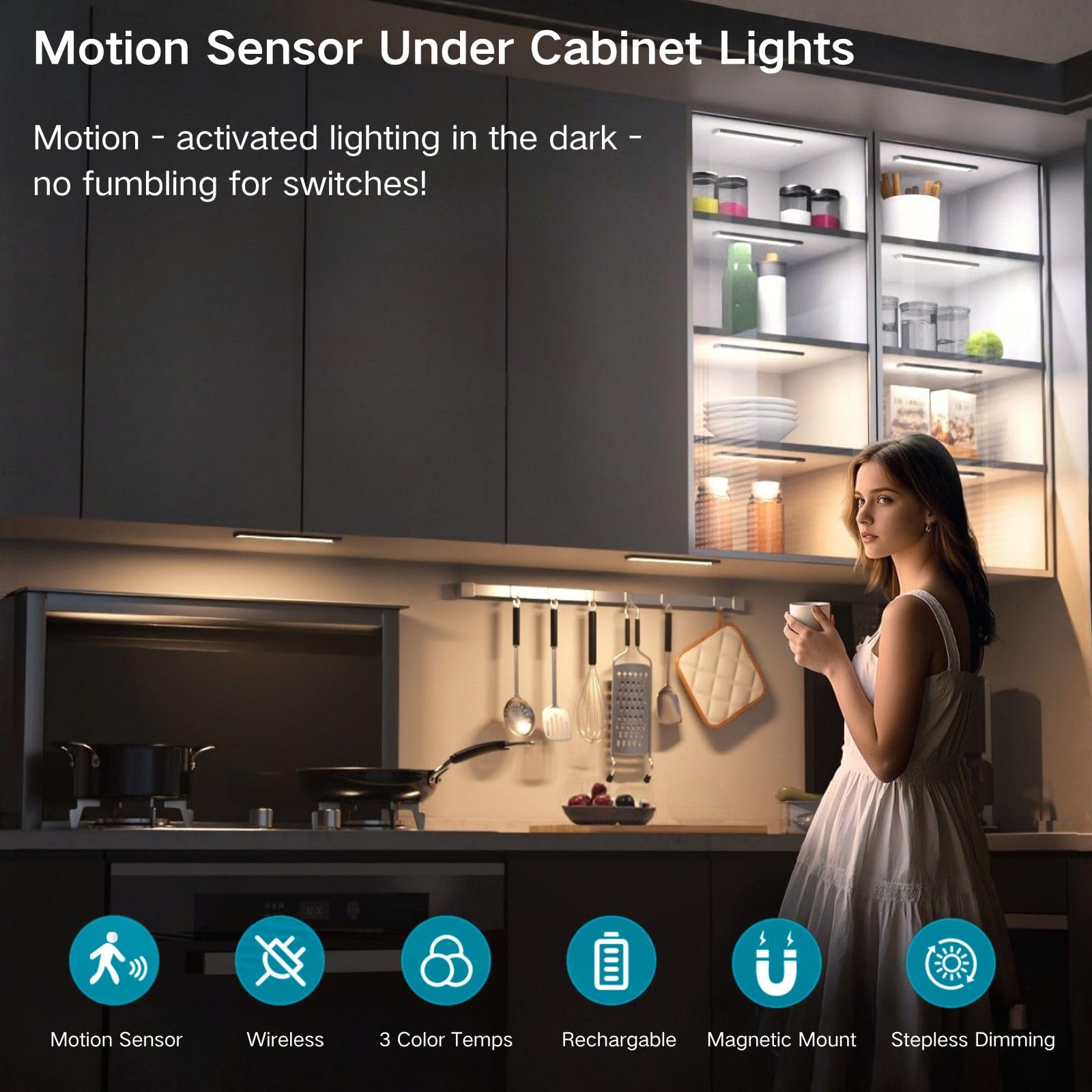 Sanofuturion Motion Sensor Under Cabinet Lighting-Magnetic Rechargeable Closet Lights For Kitchen Stairs Wardrobe | 3-Color Dimmable Led Under Counter Lighting | Pro Battery Upgrade (2  8 Inch)