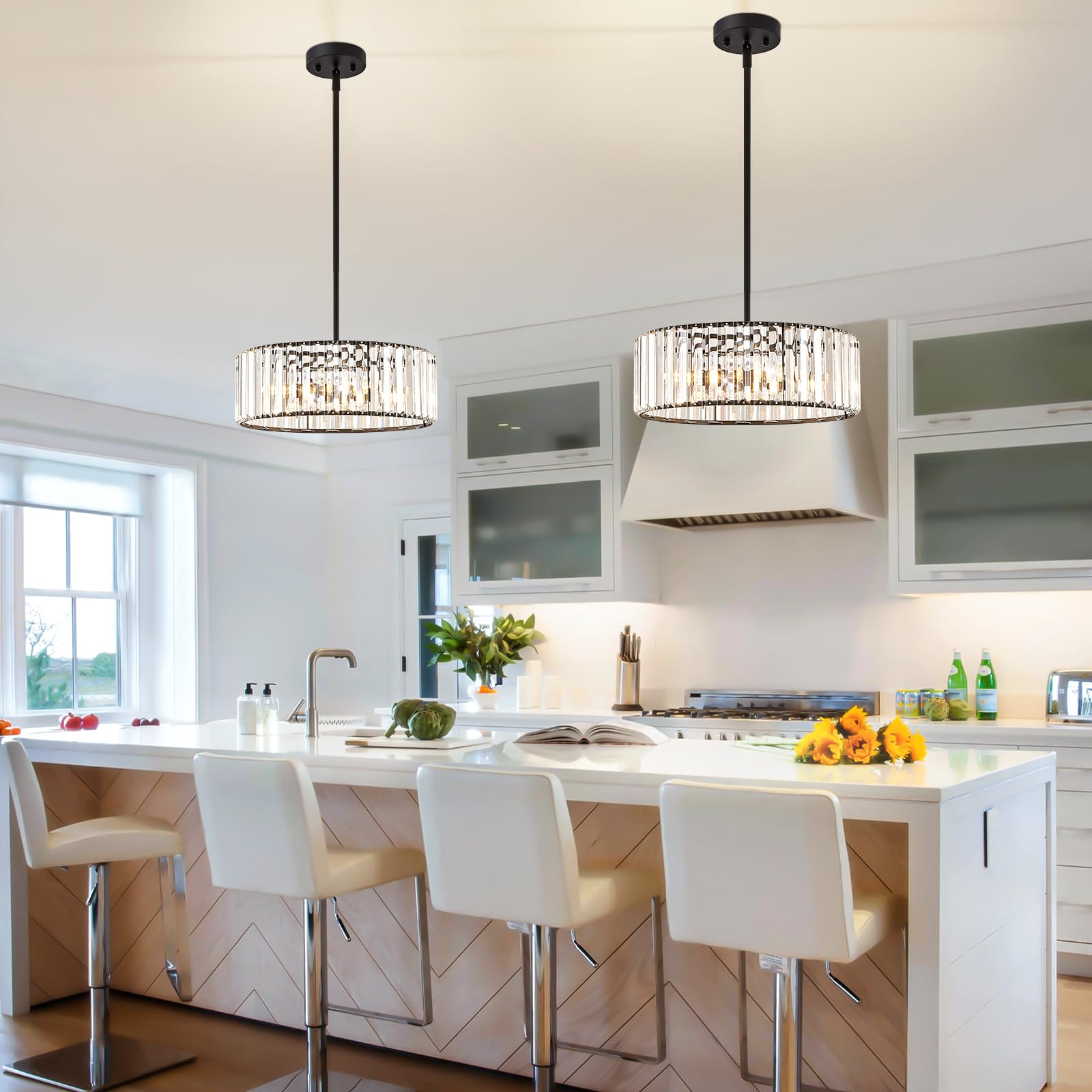 Yurnyq Black Crystal Chandelier For Dining Room, 4-Light Modern Semi Flush Mount Chandelier Lighting Fixtures, Round Kitchen Han
