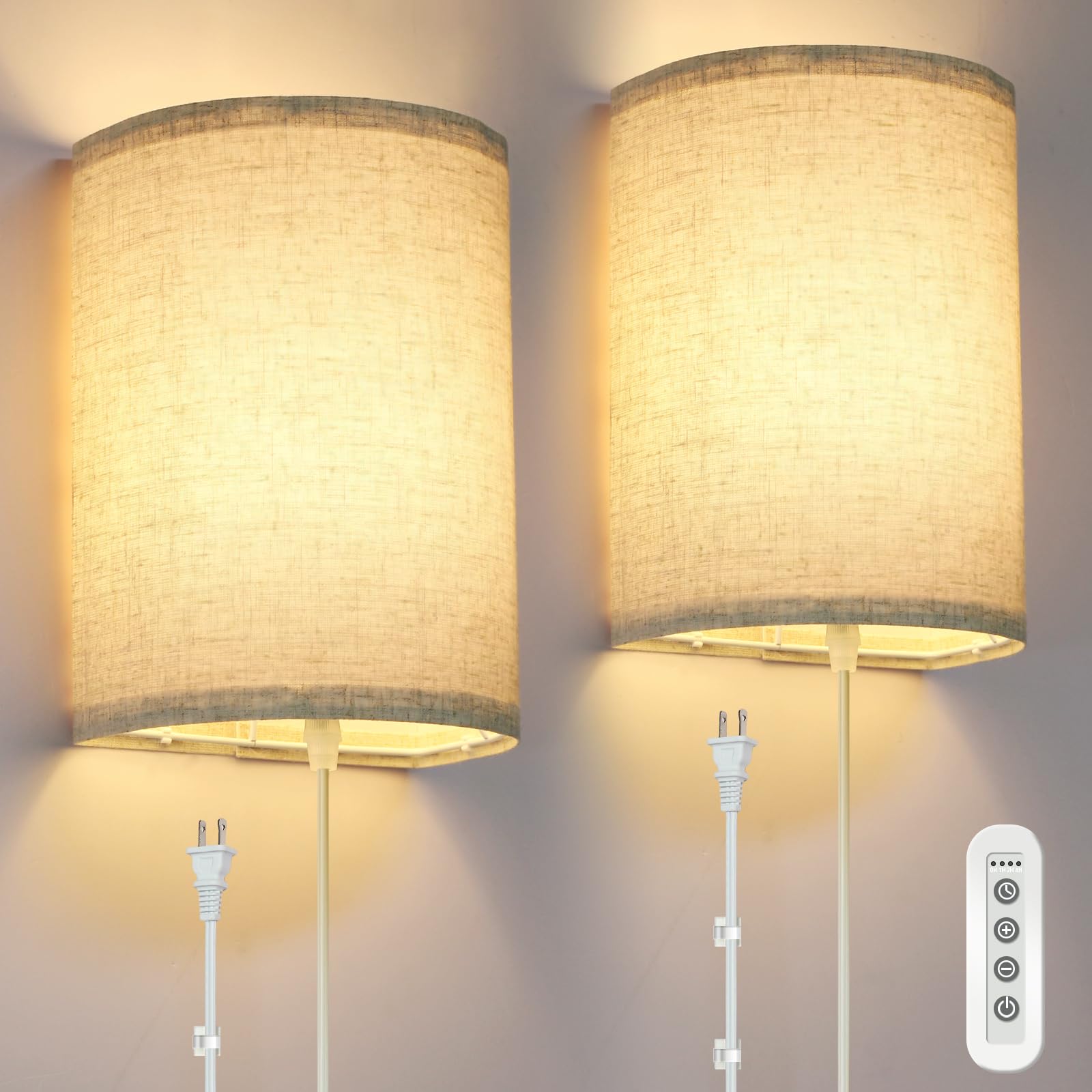 FINCMY Wall Sconce Light Set of 2, Dimmable Plug in Sconces with Remote, Beige Linen Lamp Shades, Model LED-AB