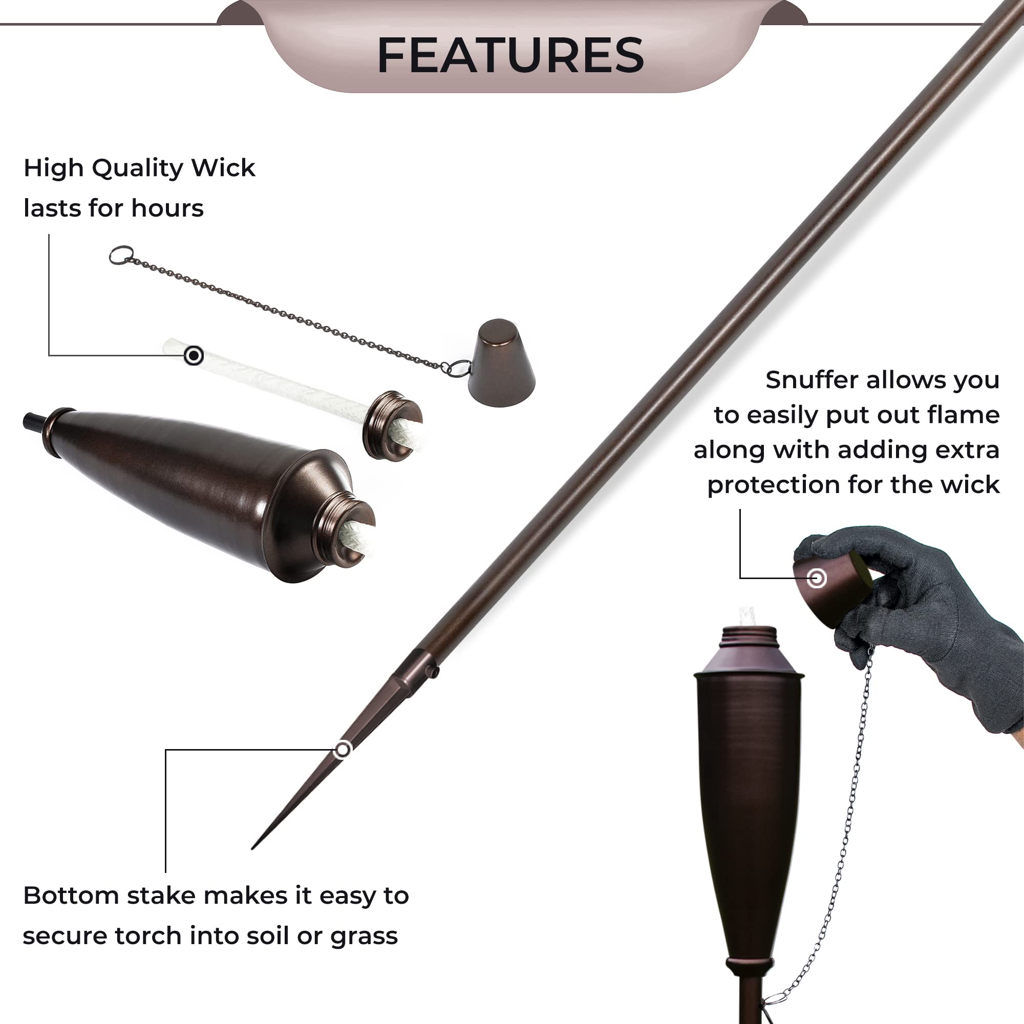 Deco Window Garden Torches - Pack of 4 Metal Citronella Torches, 60" Brown Iron for Outdoor Ambiance, Patio & Backyard Decor