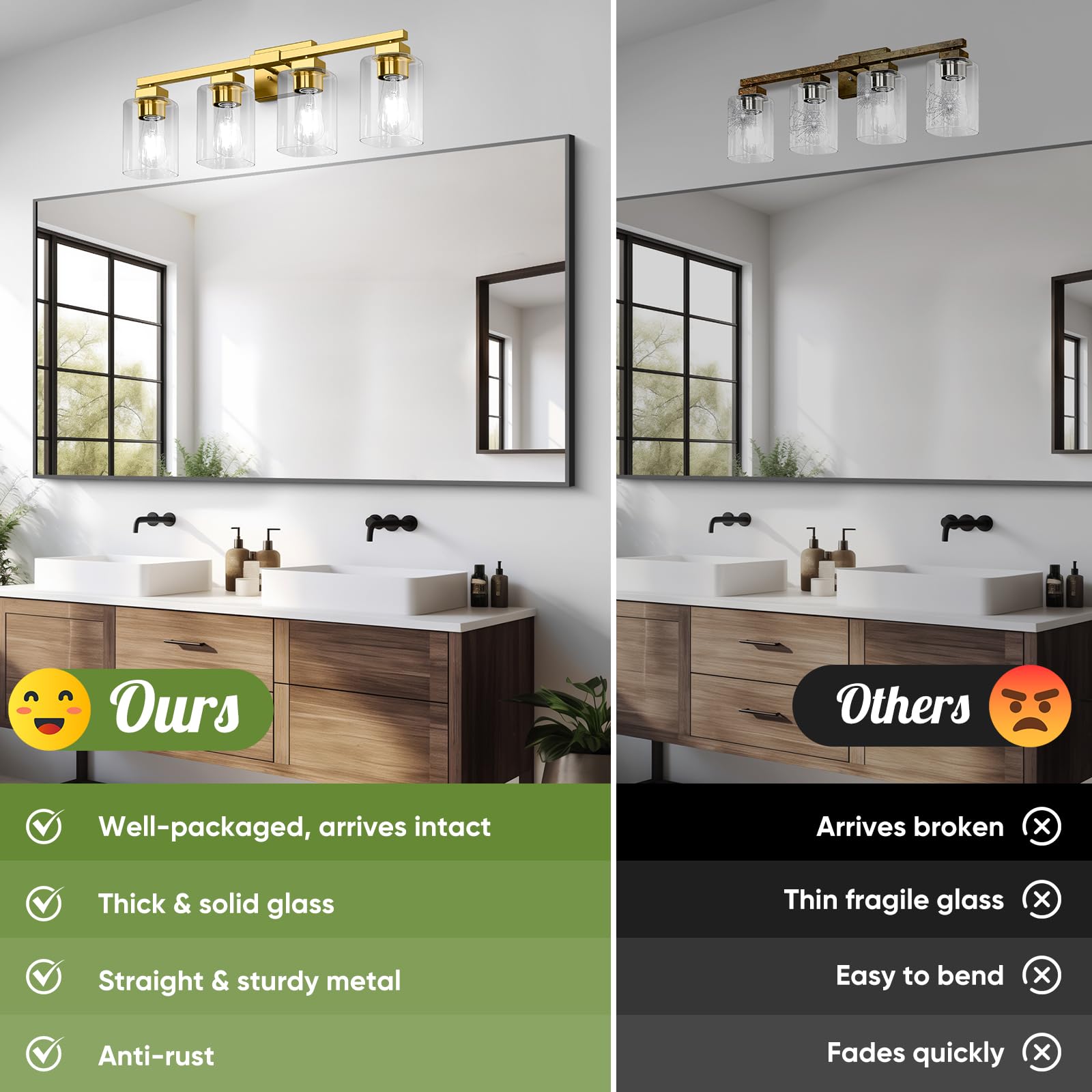 Bathroom Vanity Light, 4-Light Modern Matte Gold Wall Sconce Lighting With Clear Glass Shade, Gold Wall Lights,Bath Vintage Wall