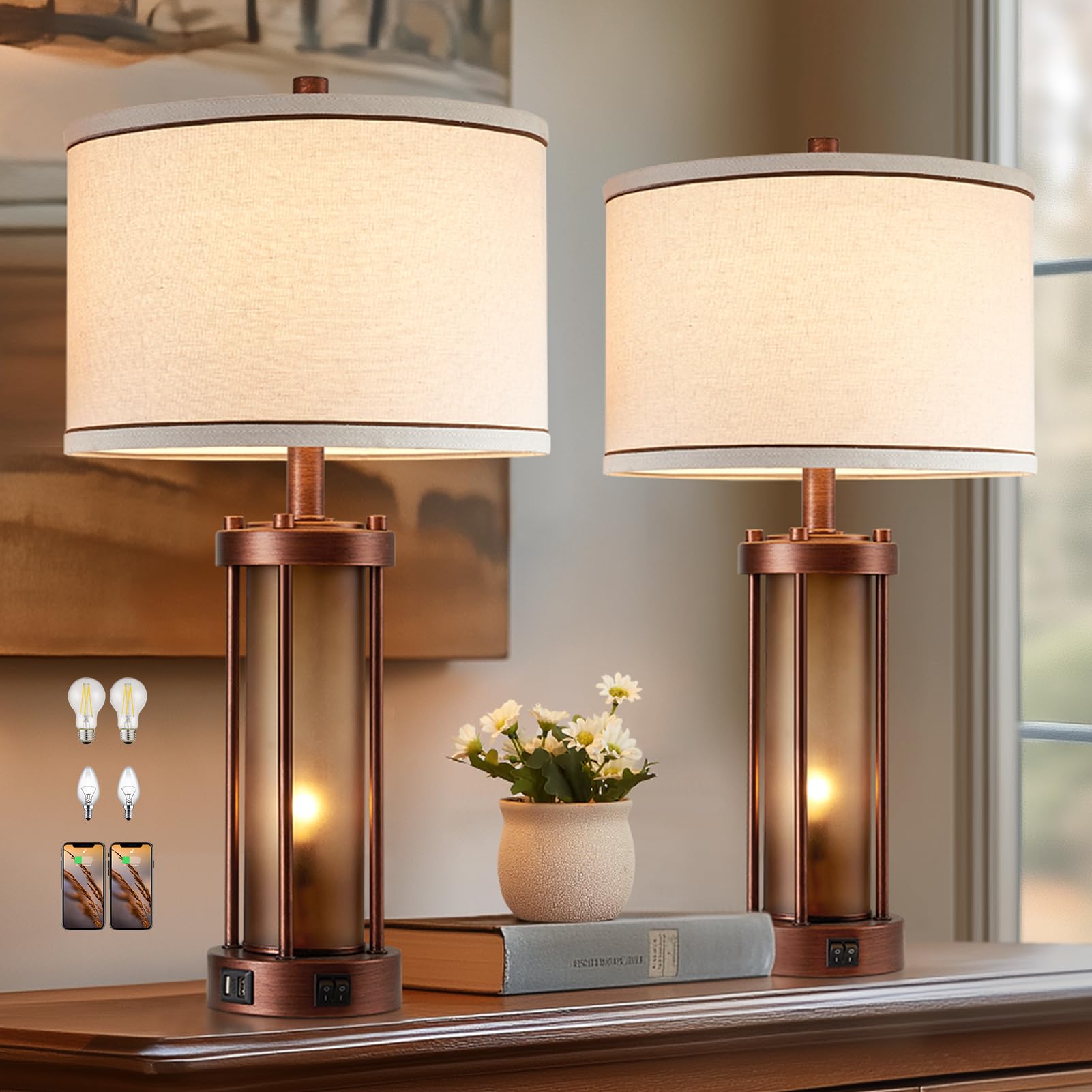 Set Of 2 Farmhouse Table Lamps For Living Room, Rustic Bedside Lamps With 2 Usb Charging Ports, Bedroom Nightstand Lamp With Amb