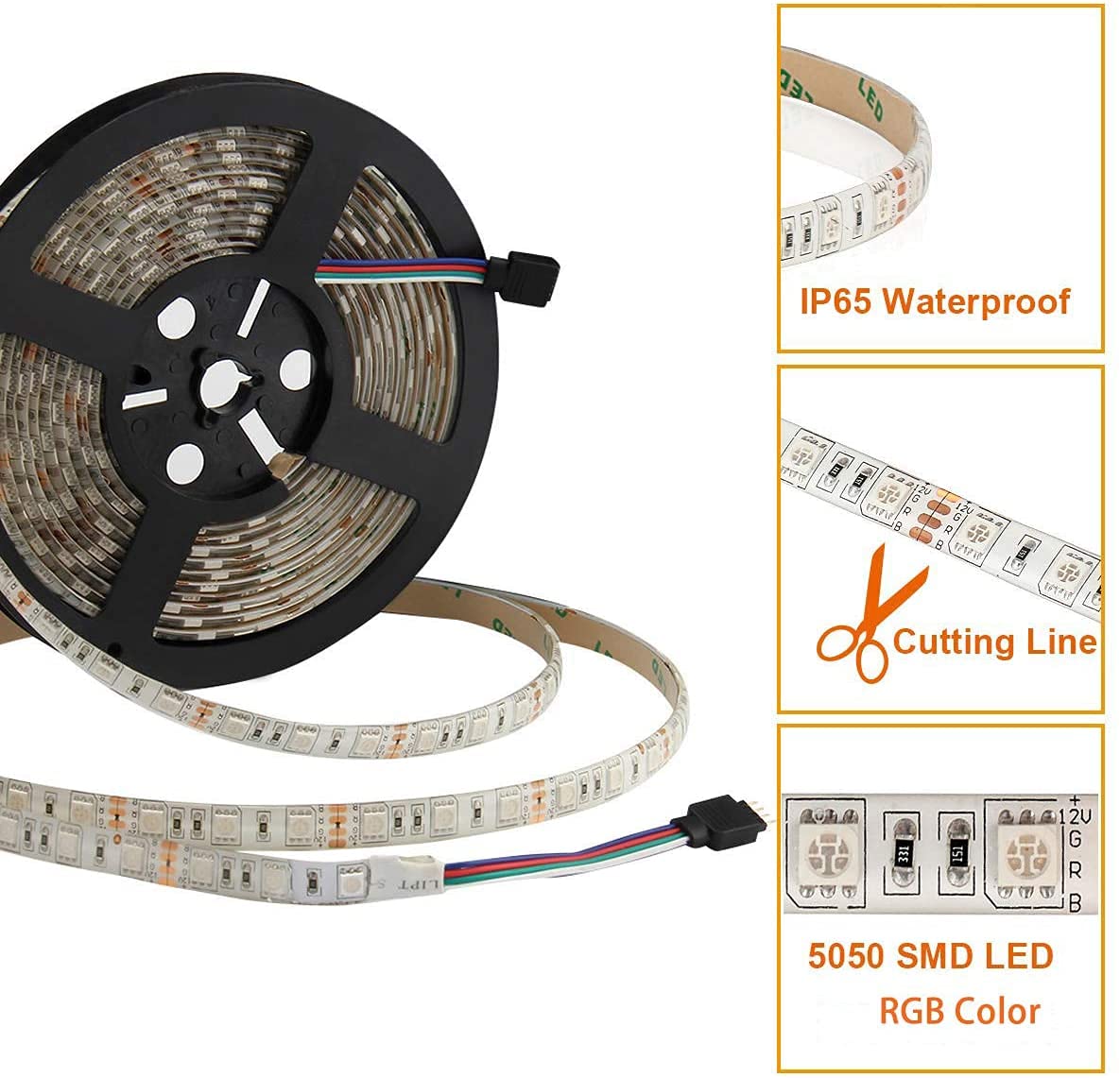 SUPERNIGHT RGB Waterproof 5050 SMD Flexible Strip Light, 16.4ft (5M), Model LC-128-B, Vinyl Material, Multi-Color Lighting