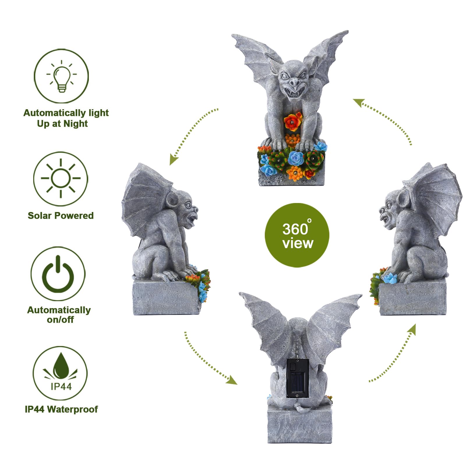 Philodwell Solar Gothic Gargoyle Garden Statues: Outdoor Sculptures With Succulent Lights Decor For Patio Lawn Yard Art - Gifts