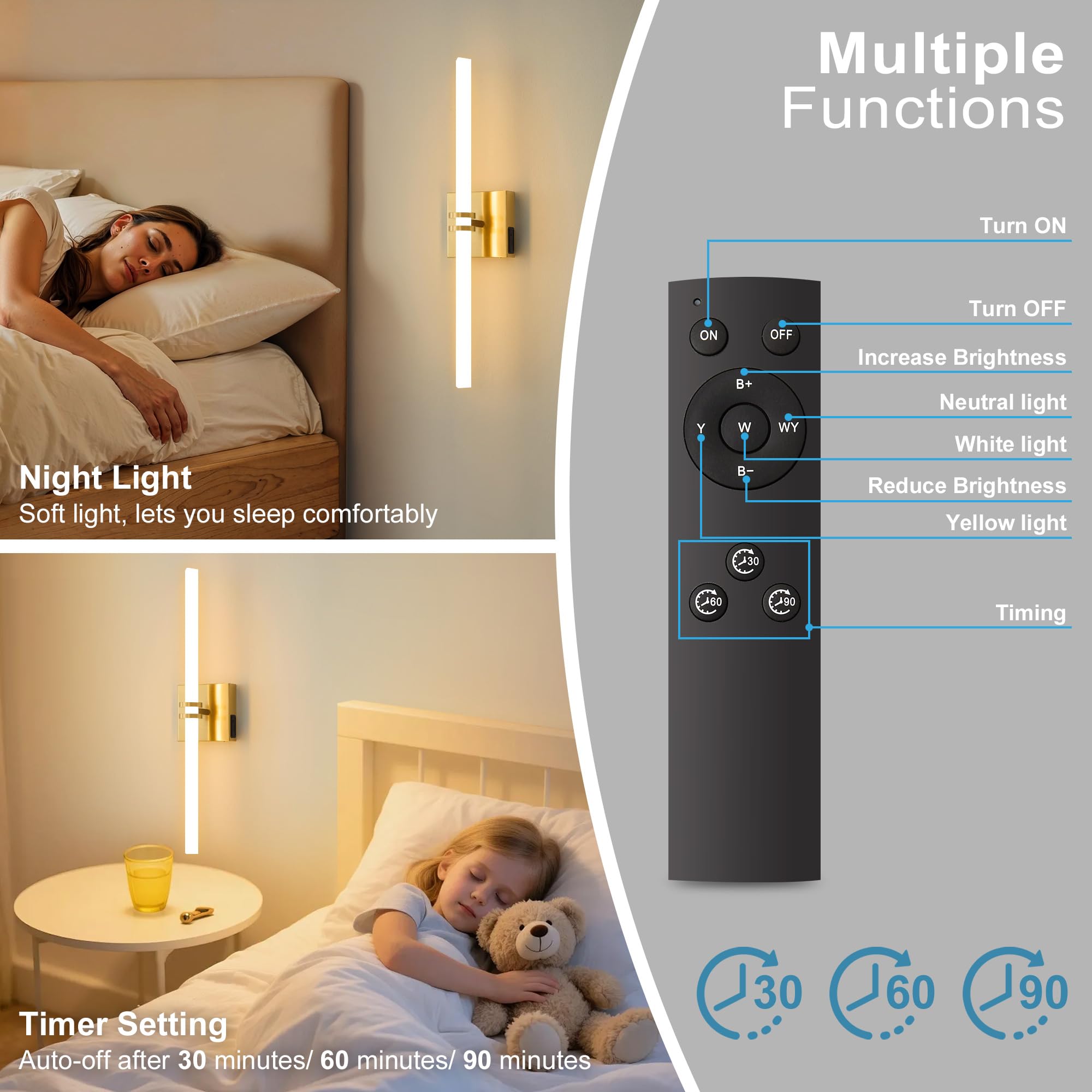 Eicrkodn Battery Operated Wall Sconce, Gold, Dimmable Remote, 22 Inch, LED Wireless Lamp for Bedroom and Hallway