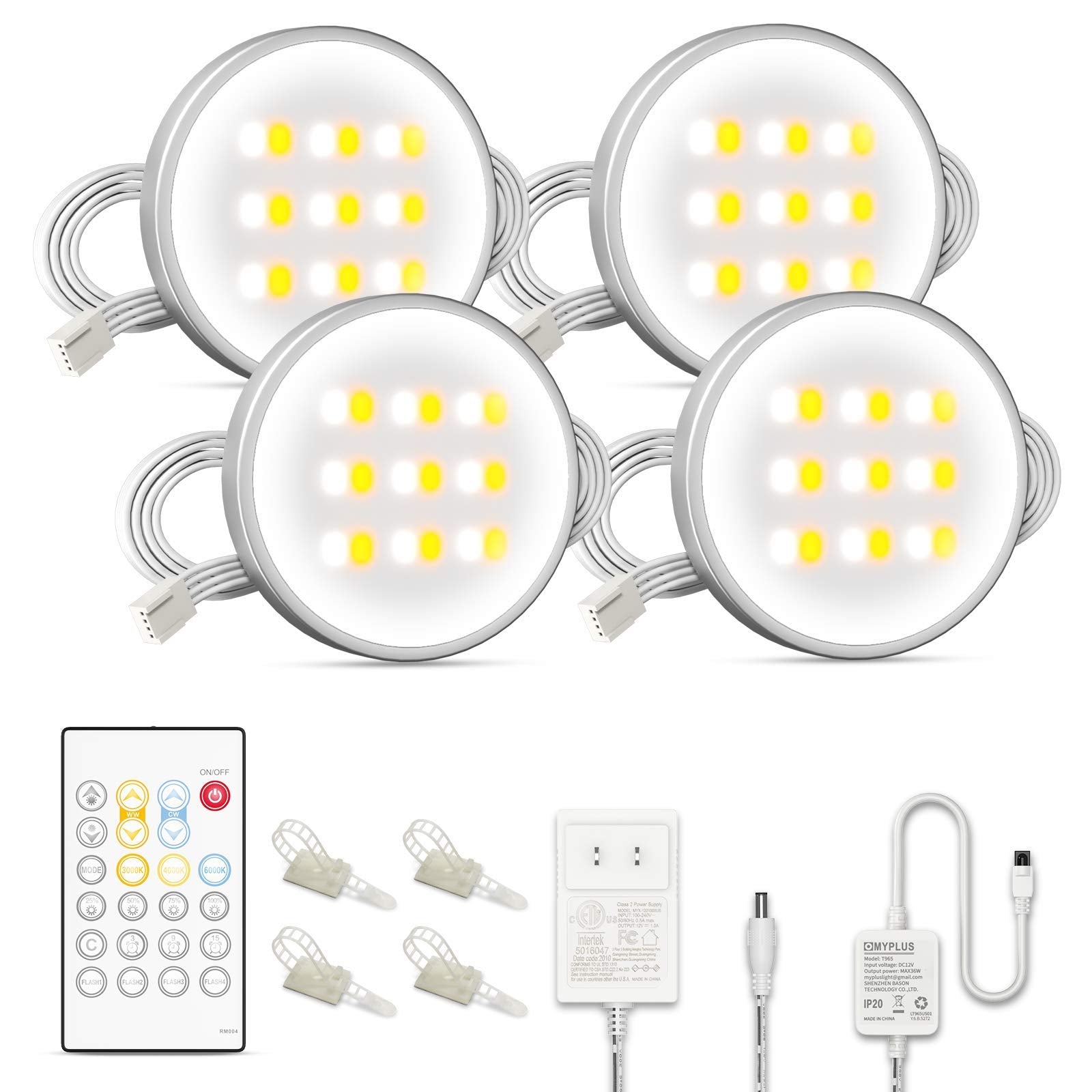 MYPLUS Under Cabinet LED Puck Lights, 4-Pack, 390Lm, Dimmable, Remote Control, Cct White, Model MYPLUSCS202US