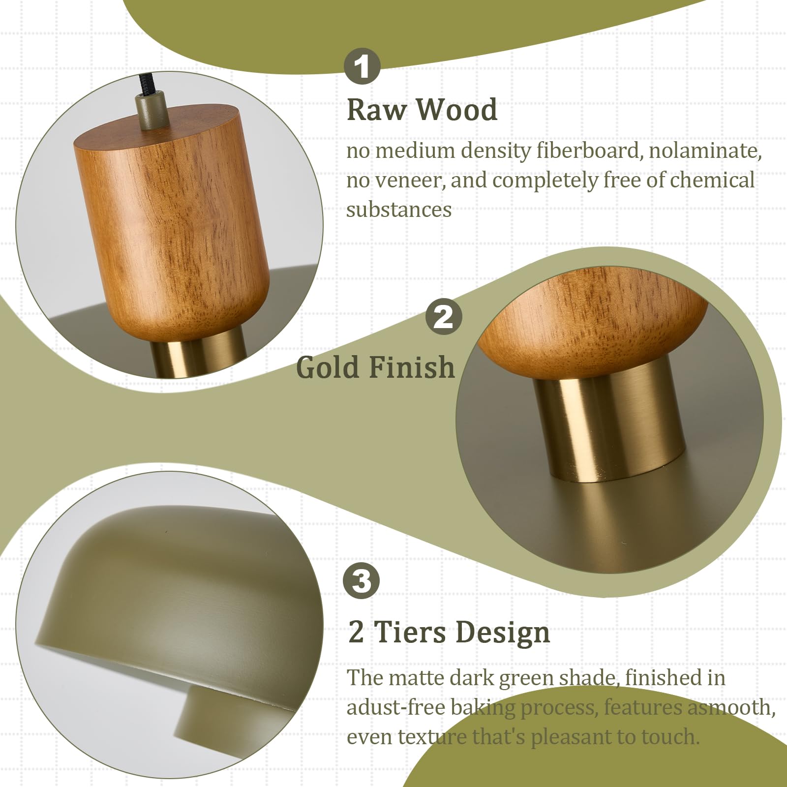 Mid Century Chandelier 19.68 Inch, Natural Wood And Brass Accent,2 Layered Deep Green Shade,Large Pendant Ceiling Lights For Kit