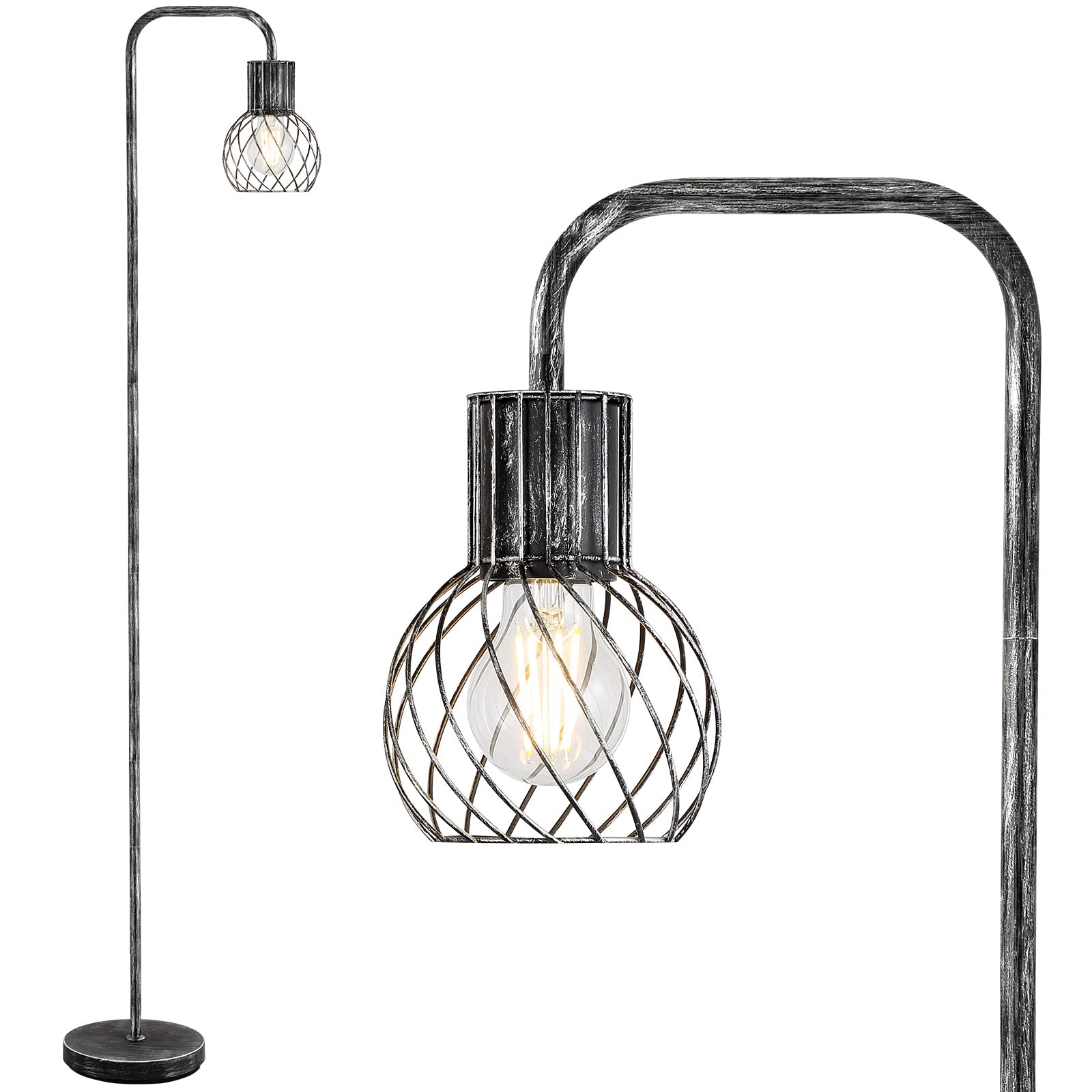 Industrial Floor Lamp, Antique Silver Standing Lamp Modern With 6W Led Bulb, Foot Switch, Metal Tall Lamps For Living Room, Bedr