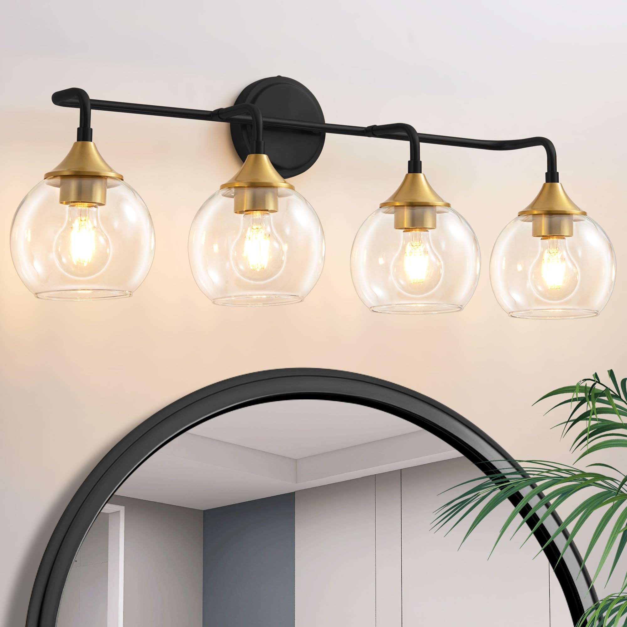 Gednbo Bathroom Vanity Light, 31 Inch, 4-Lights, Clear Glass Shade, E26 Base, Black and Gold, Model G1796