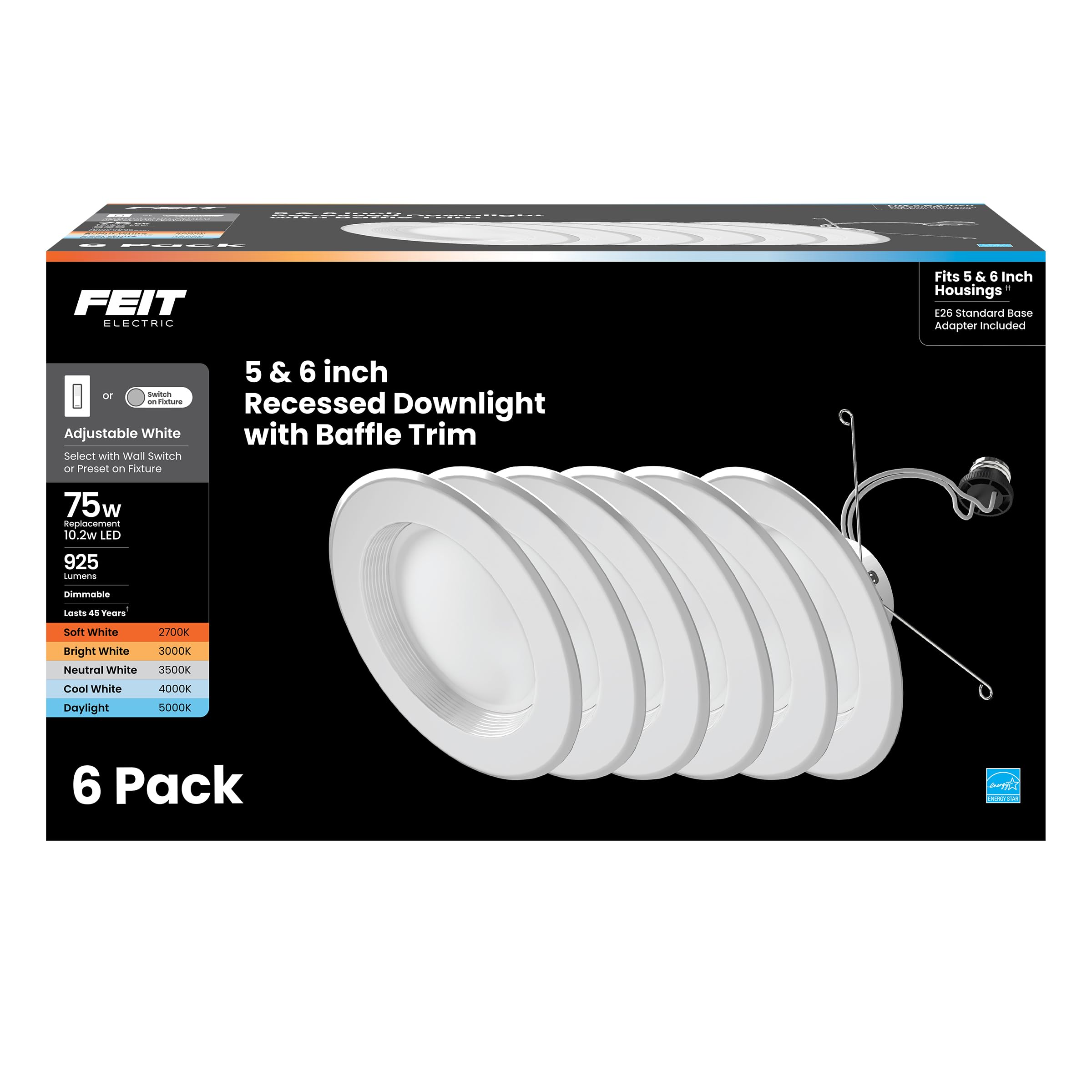 Feit Electric Led Downlight Retrofit Kit With Baffle Trim, 75W Equivalent, 5/6-Inch Dimmable Recessed Can Light, Adjustable Whit