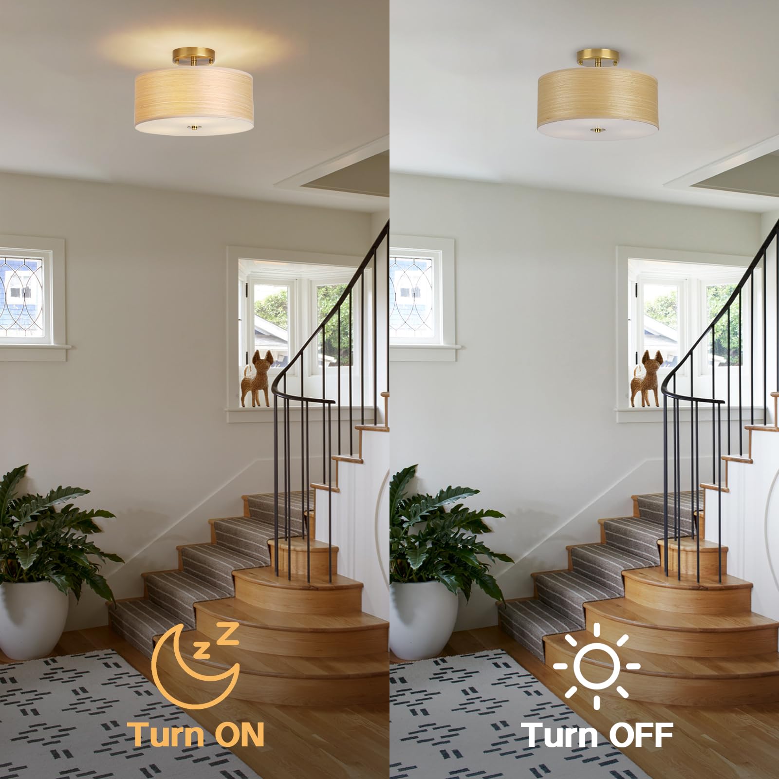 Calokes Gold Drum Ceiling Light Fixture, 13'' Semi Flush Mount With Natural Wood Shade, Modern Farmhouse Close To Ceiling Lamp F