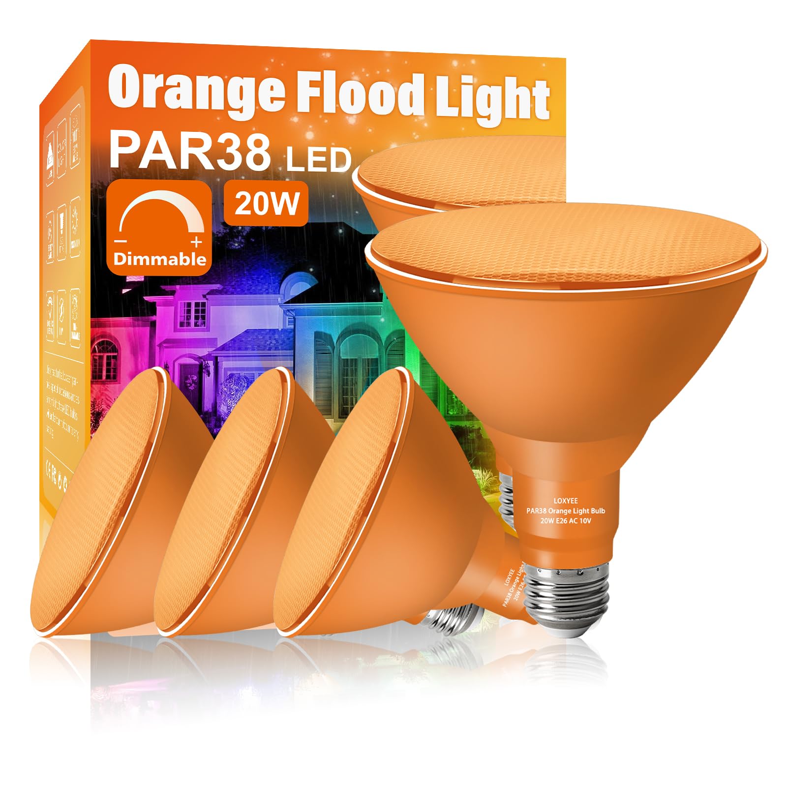 Loxyee 4 Pack Dimmable Par38 Orange Flood Light Bulb, E26 Base, 20W Replace 200W