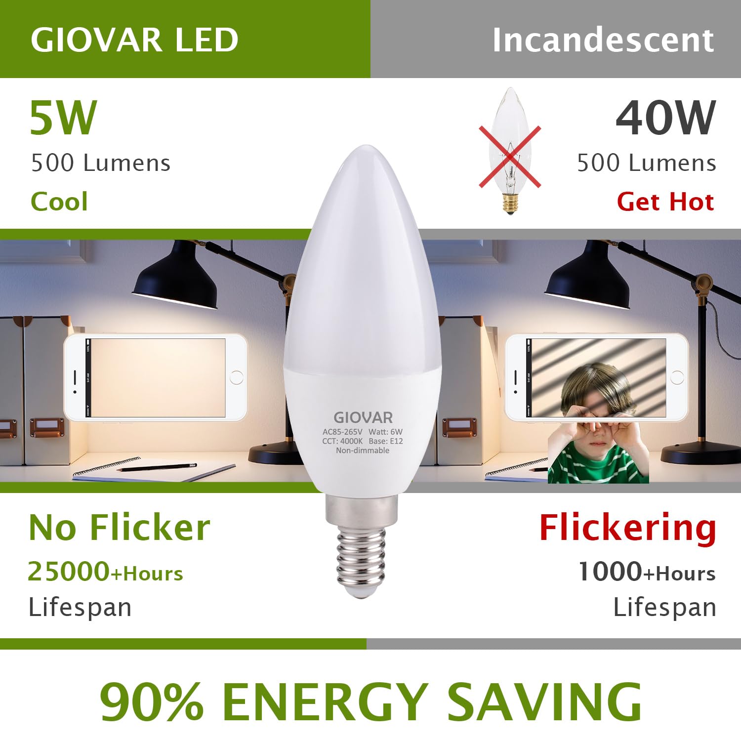 Giovar Led Candelabra Light Bulb 60 Watt Equivalent  4000K Natural White  Light Bulbs For Chandelier  E12 Small Base  120V  B10  Non-Dimmable  Pack Of 4