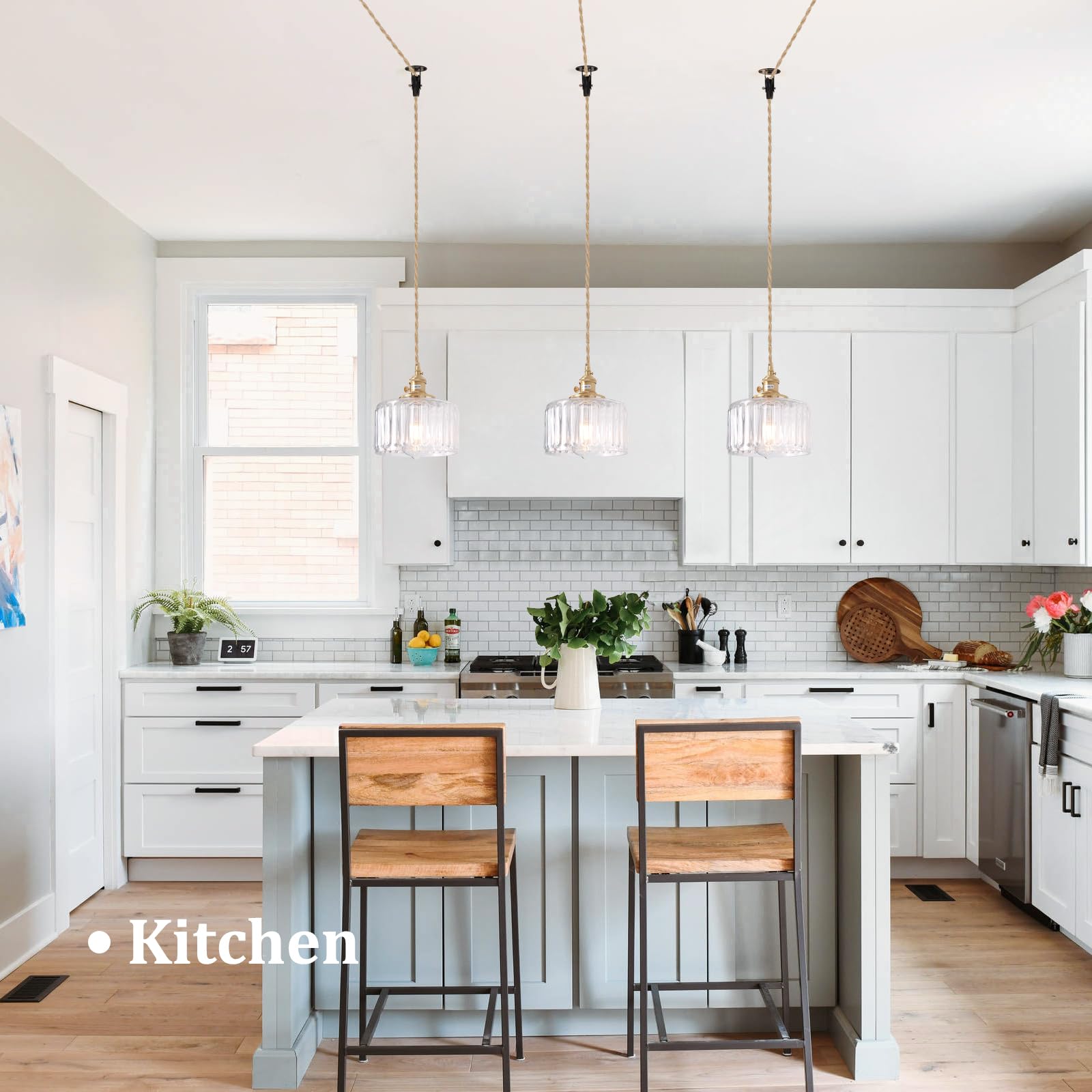 Shenmoyl Plug In Pendant Light Hanging Light Fixture Corded On/Off Switch Brass Pendant Light With Clear Striped Glass Lampshade