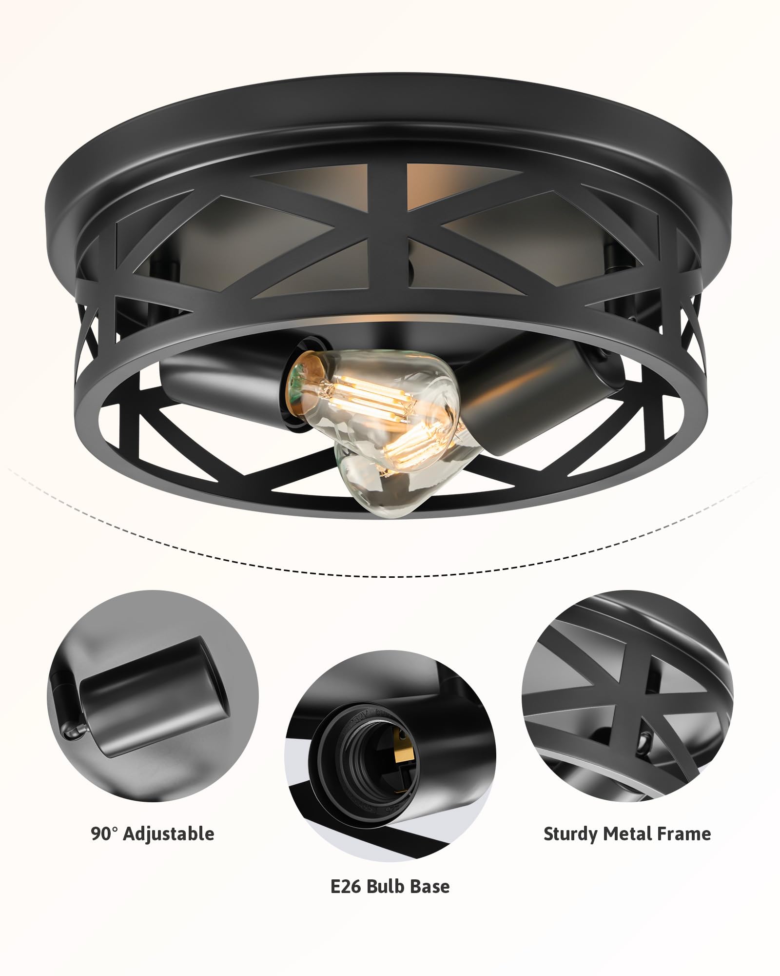 VONLUCE Ceiling Light, 2-Light Flush Mount Fixture, 11 Inch, Black Metal Cage, Adjustable Lamp Holders, 2 pcs