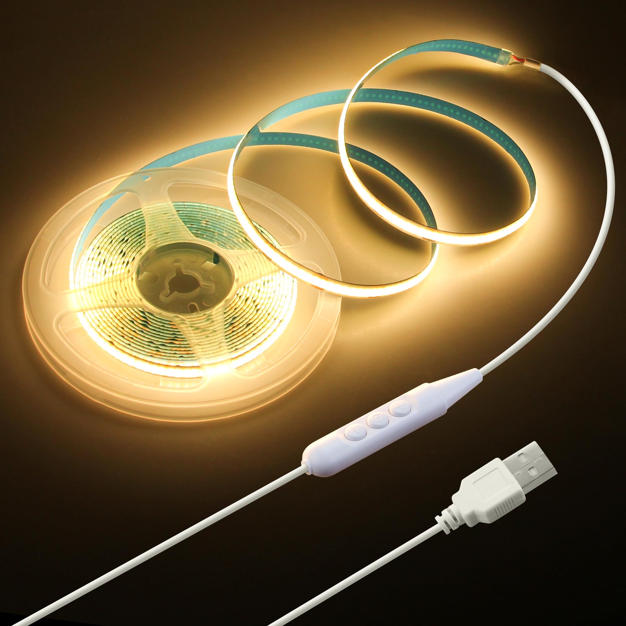 Samsion 5V COB LED Strip Light for Bedroom 16.4FT USB LED Light Strip Warm White 3000K with Dimmer 320LEDs/M Flexible LED Tape L