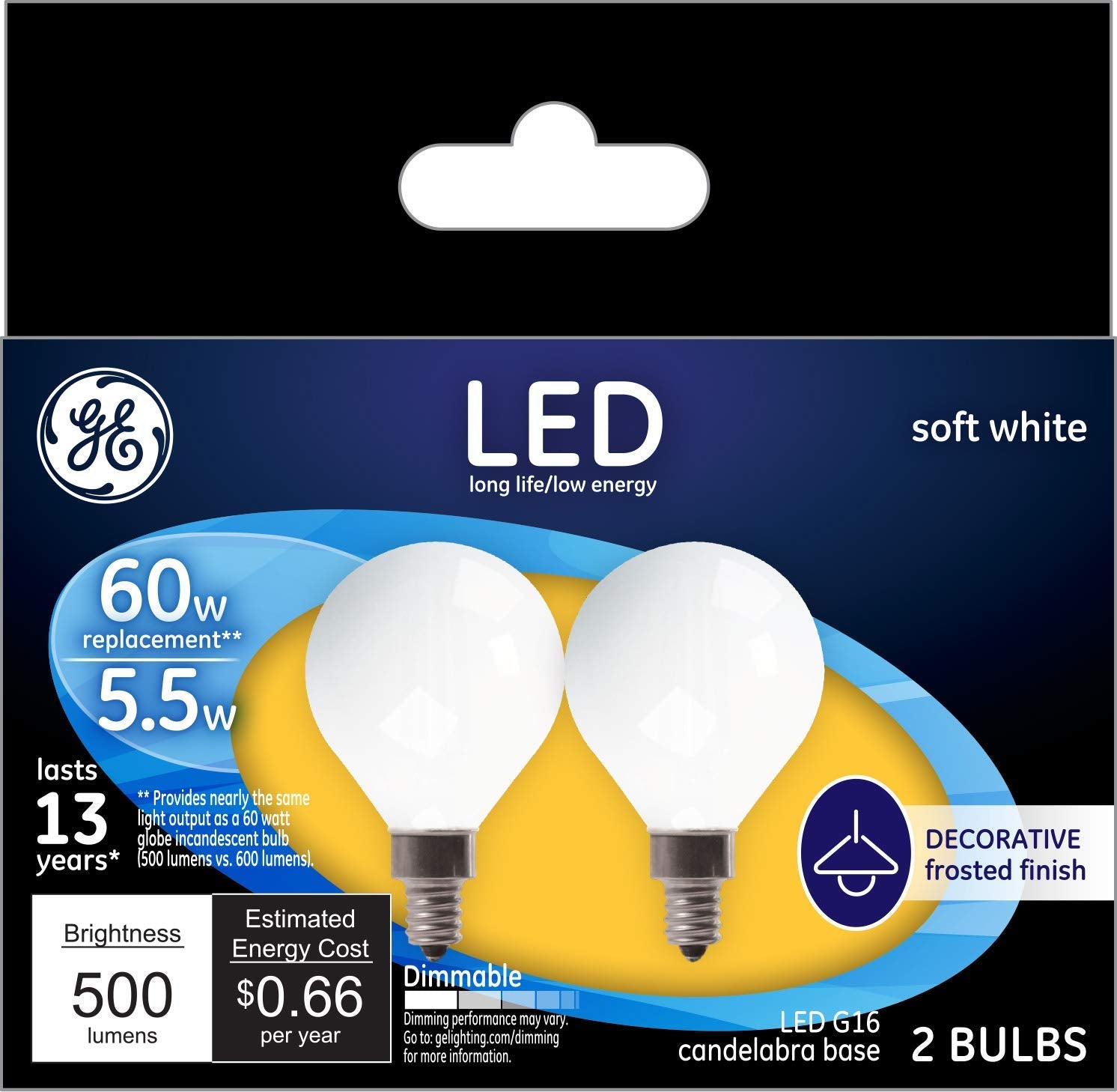 Ge Led Light Bulbs, 60 Watt, Soft White, G16 Globe Bulbs, Frosted, Small Base (2 Pack)