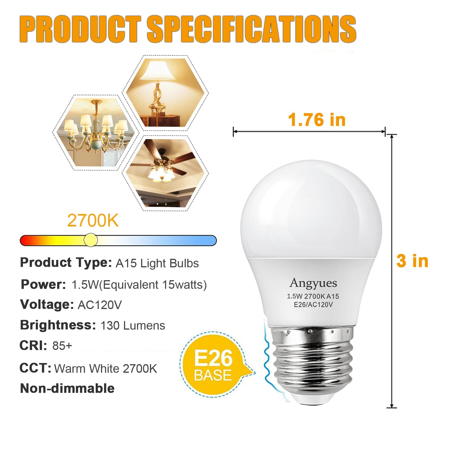 Angyues Low Watt Light Bulbs, 1.5W Led Bulb Equivalent 15W20W Light Bulbs,A15 Led 15 Watt Light Bulbs Soft White 2700K Low Watta