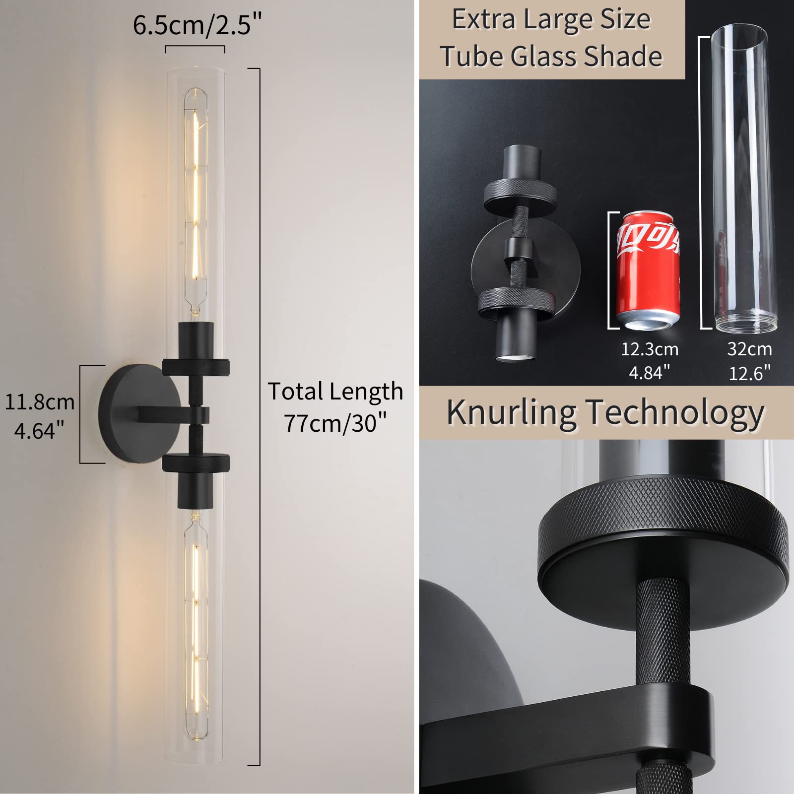 ZHTIECHUI Modern Wall Sconces, 30in Black Brass Double Glass Light Fixtures, 2-Light for Bathroom, Living Room, Kitchen