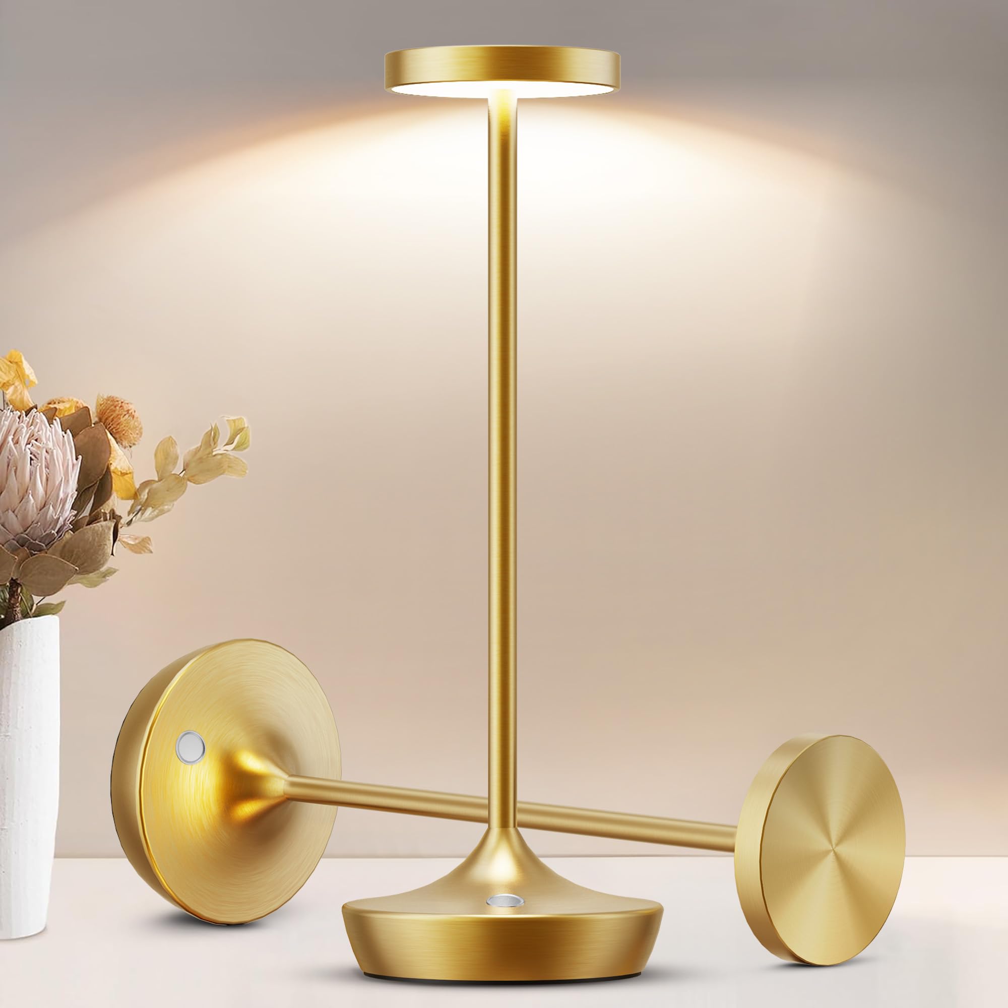 Tpczqj 2 Pack LED Cordless Rechargeable Waterproof Table Lamp, Touch Light, 3 Color Dimming, Gold, Battery Operated, IP54