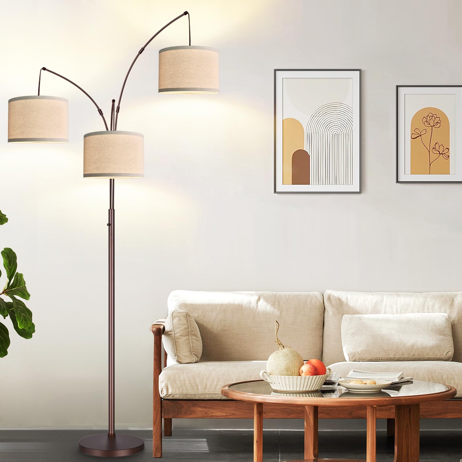Dimmable Floor Lamp - 3 Lights Arc Floor Lamps For Living Room, 1000Lm Modern Tall Standing Lamp With Beige Shades, Mid Century