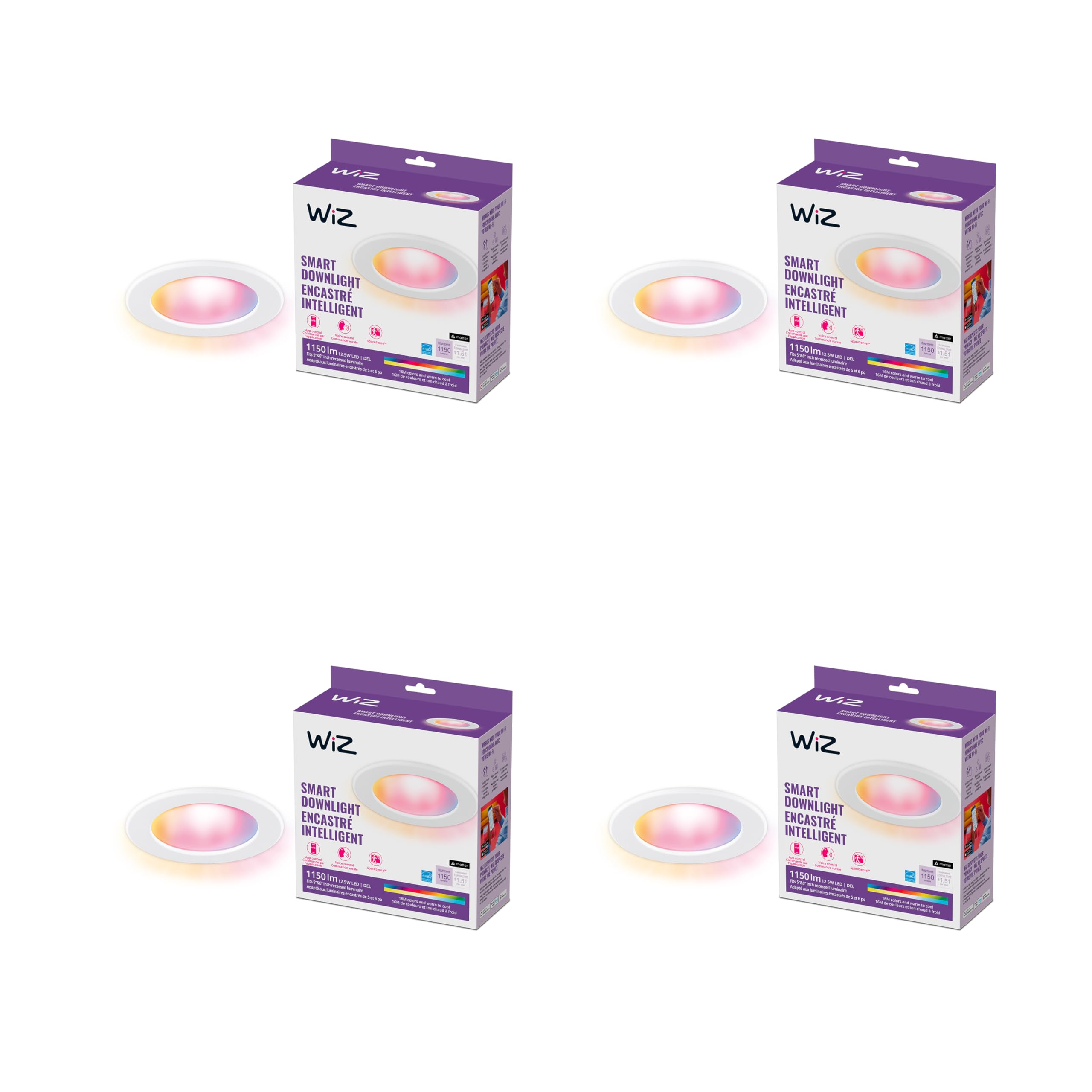Wiz Color 6-Inch Smart Retrofit Downlight - Pack Of 4-2700K- 6500K - 1150 Lumen - Indoor - Connects To Your Existing Wi-Fi - Control With Voice Or App + Activate With Motion - Matter Compatible