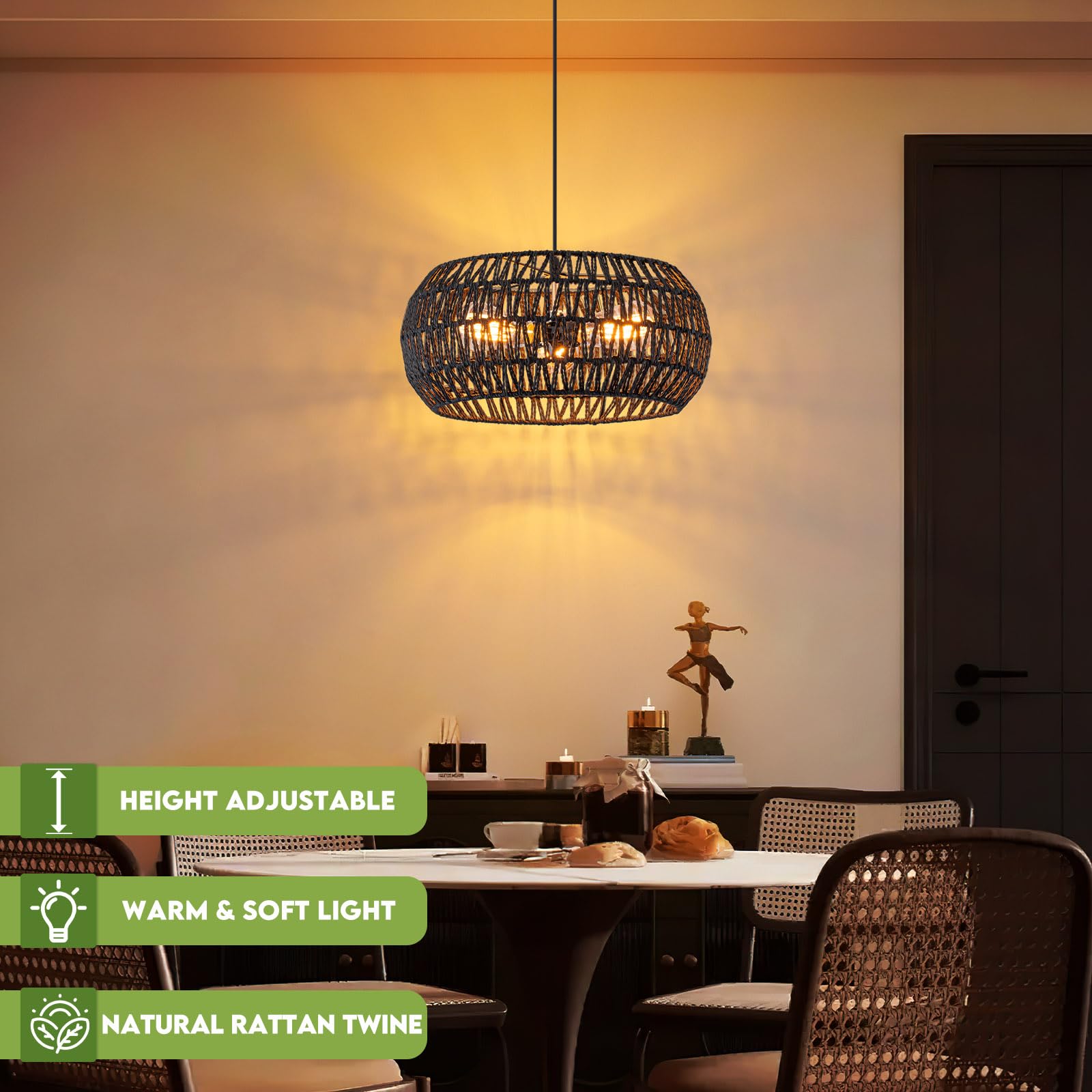 Black Boho Hanging Light Fixture Rattan Chandeliers Drum Pendant Lights For Dinning Room Wicker Chandelier Ceiling Hanging Light