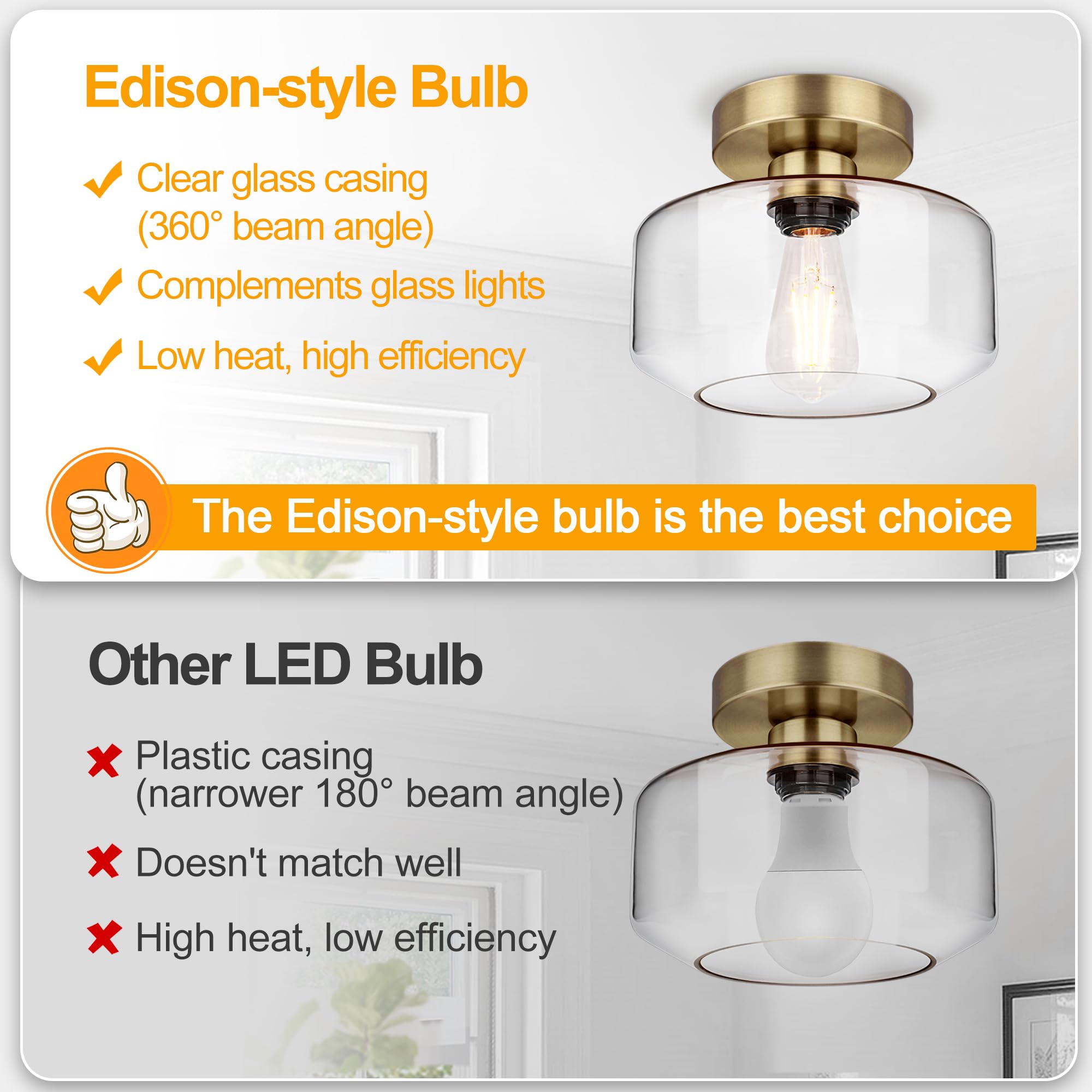 Industrial Semi Flush Mount Ceiling Light Brass, 800 Lumen Led Bulb Included, Clear Glass Shade Ceiling Light Fixture, Light Fix