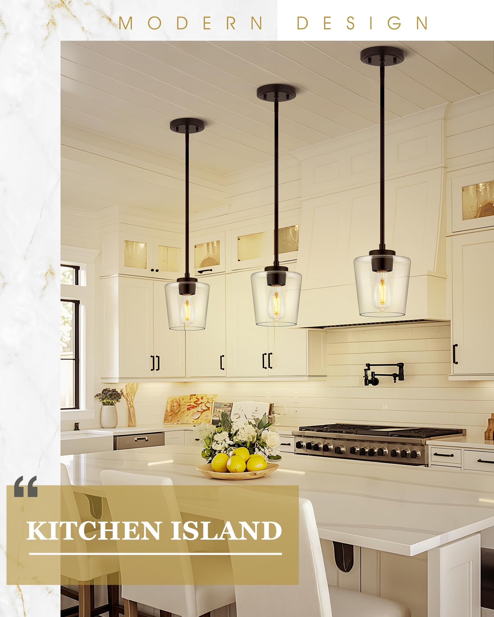 Audickic Black Pendant Lights Kitchen Island, 6'' Hanging Lights Fixtures With Clear Glass Shade, Modern Kitchen Pendant Lightin