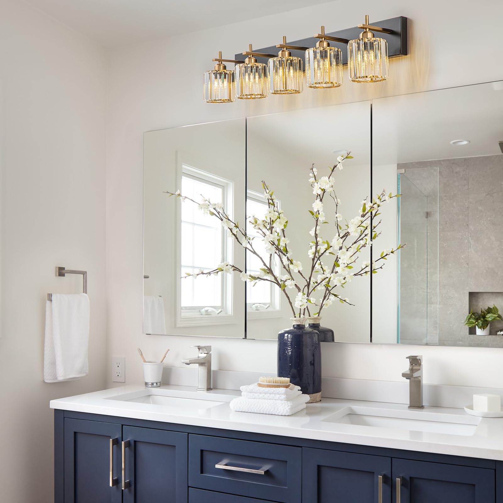 HUOKU Modern Crystal Bathroom Vanity Lights, 5-Light, Metal & Crystal, Black Gold Finish