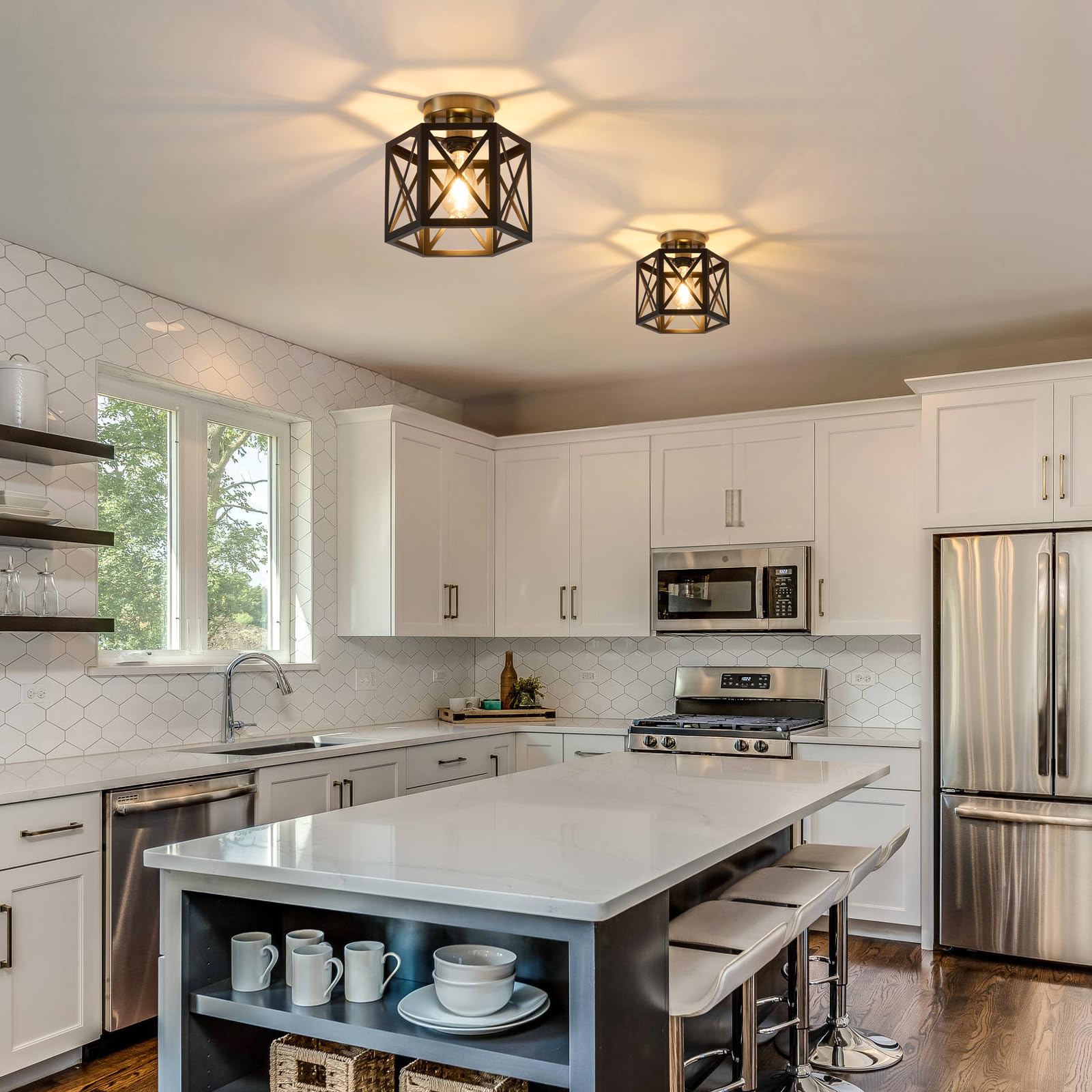 XSDeTu Flush Mount Ceiling Light, Black & Gold Metal, Hexagonal Cage Design, Modern Small Chandelier, 2 Pack