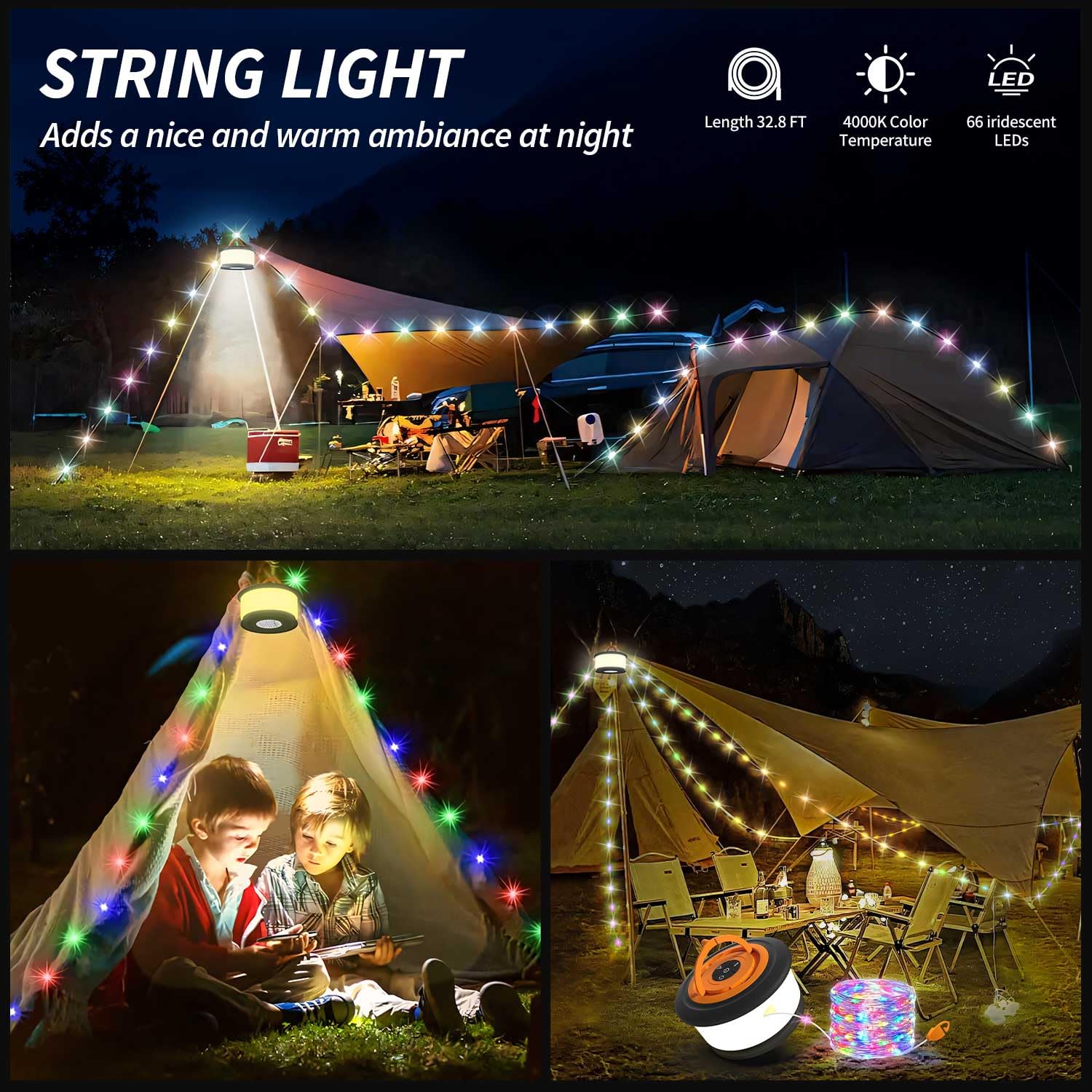 Zocelight Camping String Lights, 32.8FT Rechargeable LED Lamp, 19 Modes, Orange & Black, Model L26-B-O