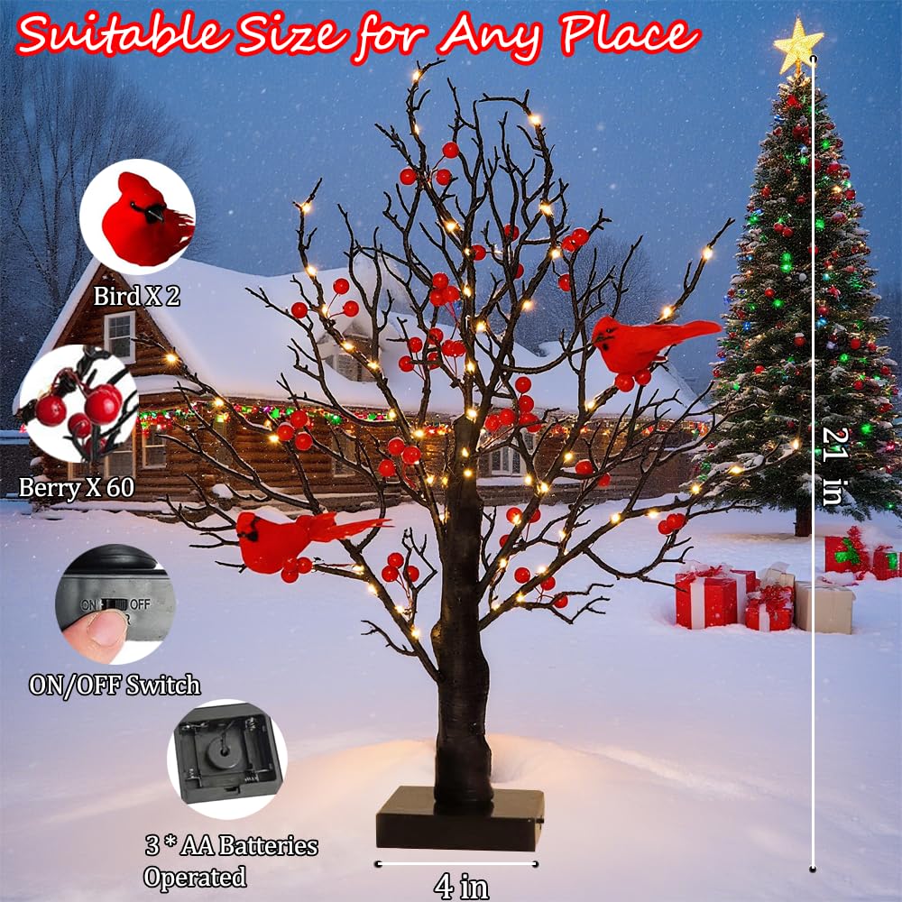 ZWJFDCBD Vintage Glowing Tree - 21in LED Twinkle Lamp, Battery Powered, Red, Copper Wire + ABS, Perfect for Christmas & Home Décor