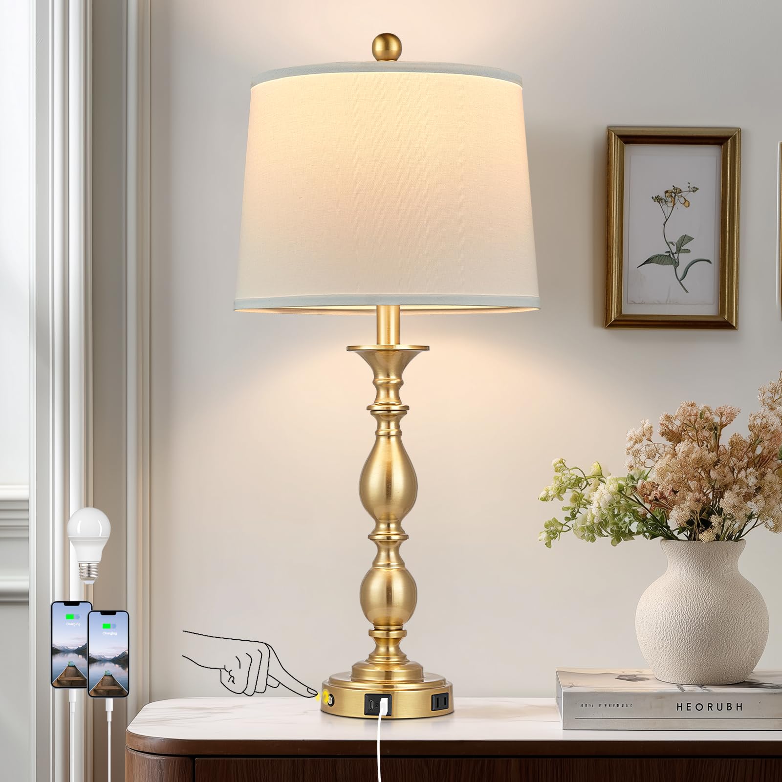 MOUVOVO 28 Tall Modern Table Lamp with USB A+C Ports and AC Outlet  3 Way Touch Metal Bedside Lamps for Bedroom  Gold Farmhouse Nightstand Lamps for Living Room