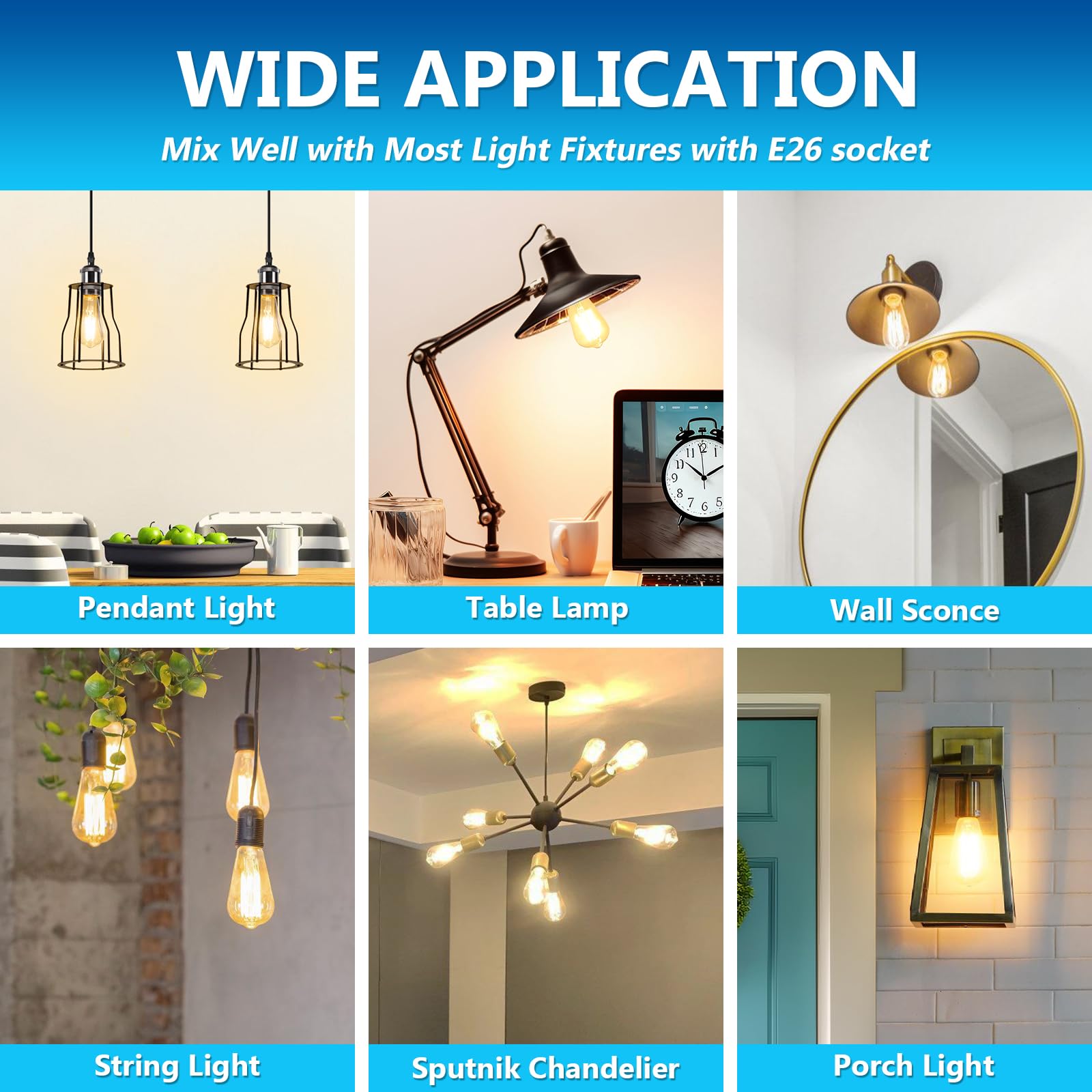 Ascher Vintage LED Edison Bulbs, 6W Equivalent to 60W, Warm White 2700K, Clear Glass, 6-Pack