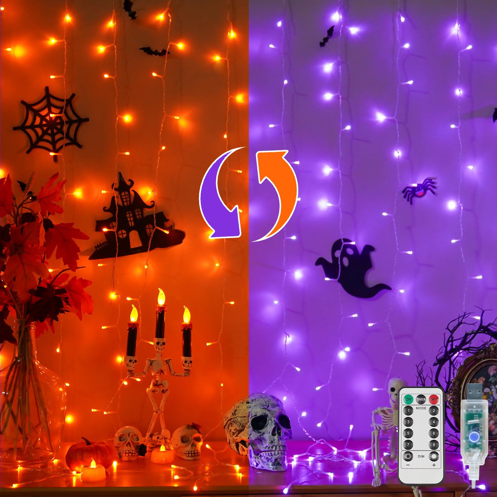 suddus Color Changing Curtain Lights for Halloween, 200 LED 6.5ft x 6.5ft Hanging String Lights with USB, Curtain Fairy Lights I