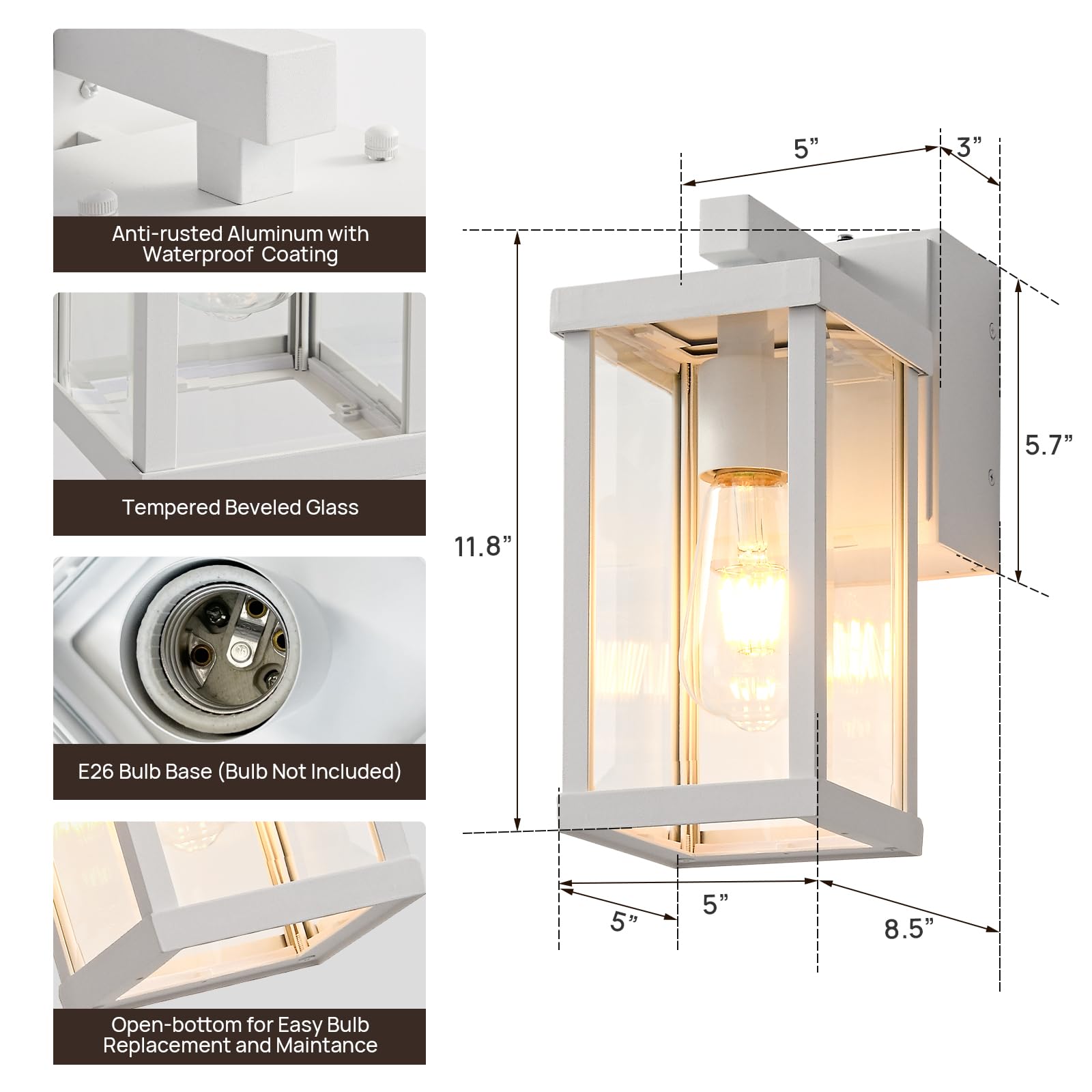 JOKAONOTL Dusk to Dawn Porch Lights, Waterproof Outdoor Wall Fixtures, Aluminum, 2 Pack, White, Model 2-SOT6W