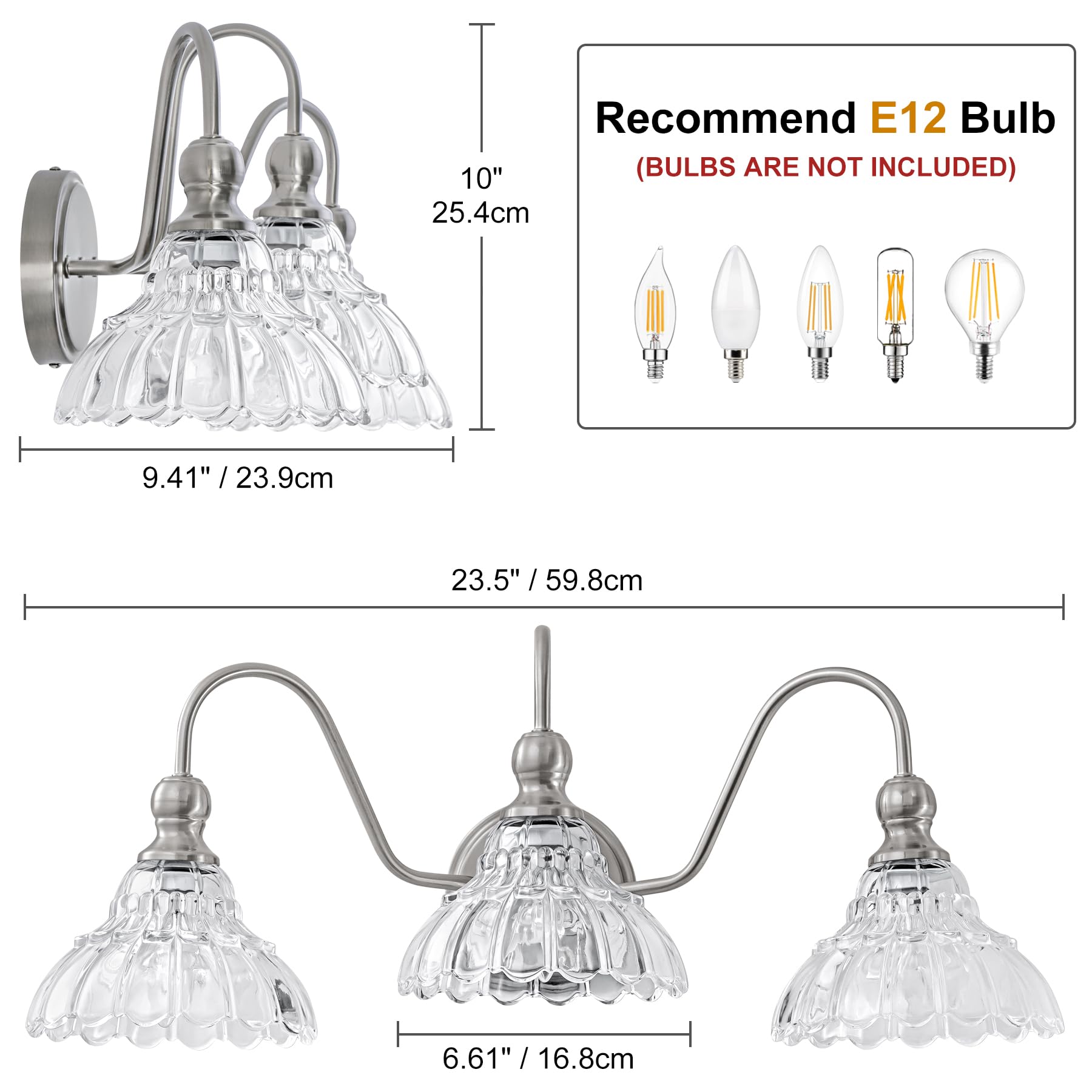 BrkNit 3-Light Vintage Bathroom Wall Sconce - Brushed Nickel with Flower Glass Shade, Farmhouse Vanity Lighting for Living Room, Kitchen, Hallway