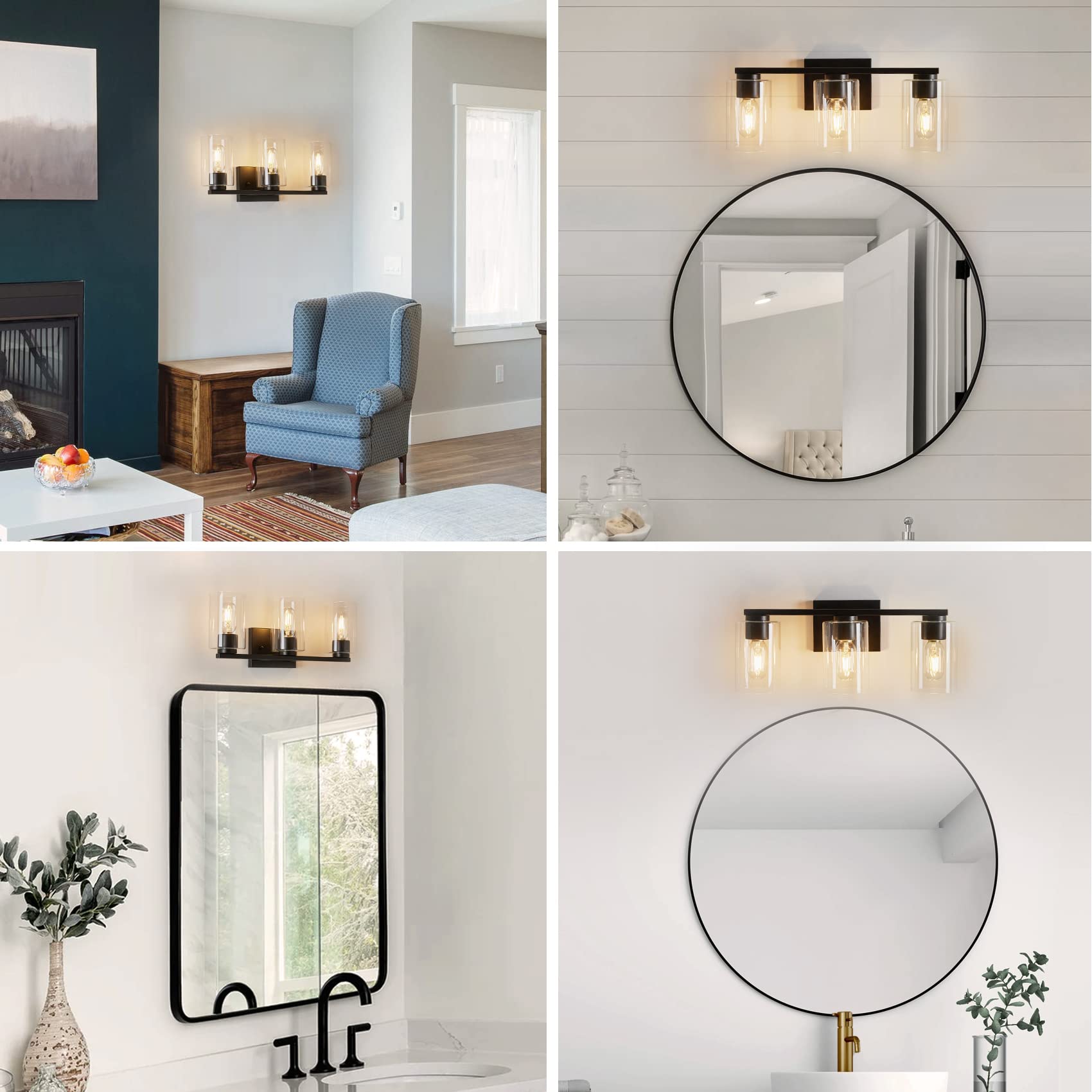 Wilon Bathroom Vanity Light, 3 Light Black Bathroom Light Fixtures, Modern Bathroom Vanity Light With Clear Glass Shade, E26 Base Bathroom Lights Over Mirror, Vanity Lights For Bathroom Kitchen