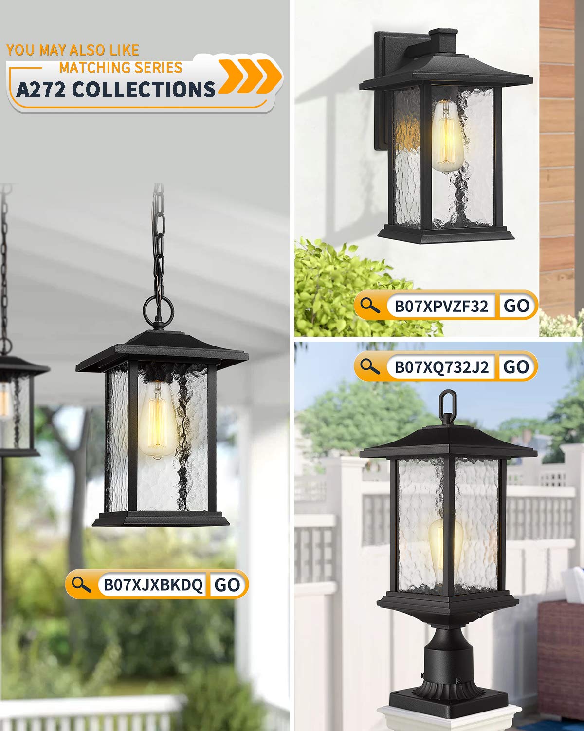 Beionxii Outdoor Wall Lights  14Inch Dusk To Dawn Exterior Wall Mount Sconce Front Porch Light  Black Cast Aluminum W/Water Glass - A272W-2Pk