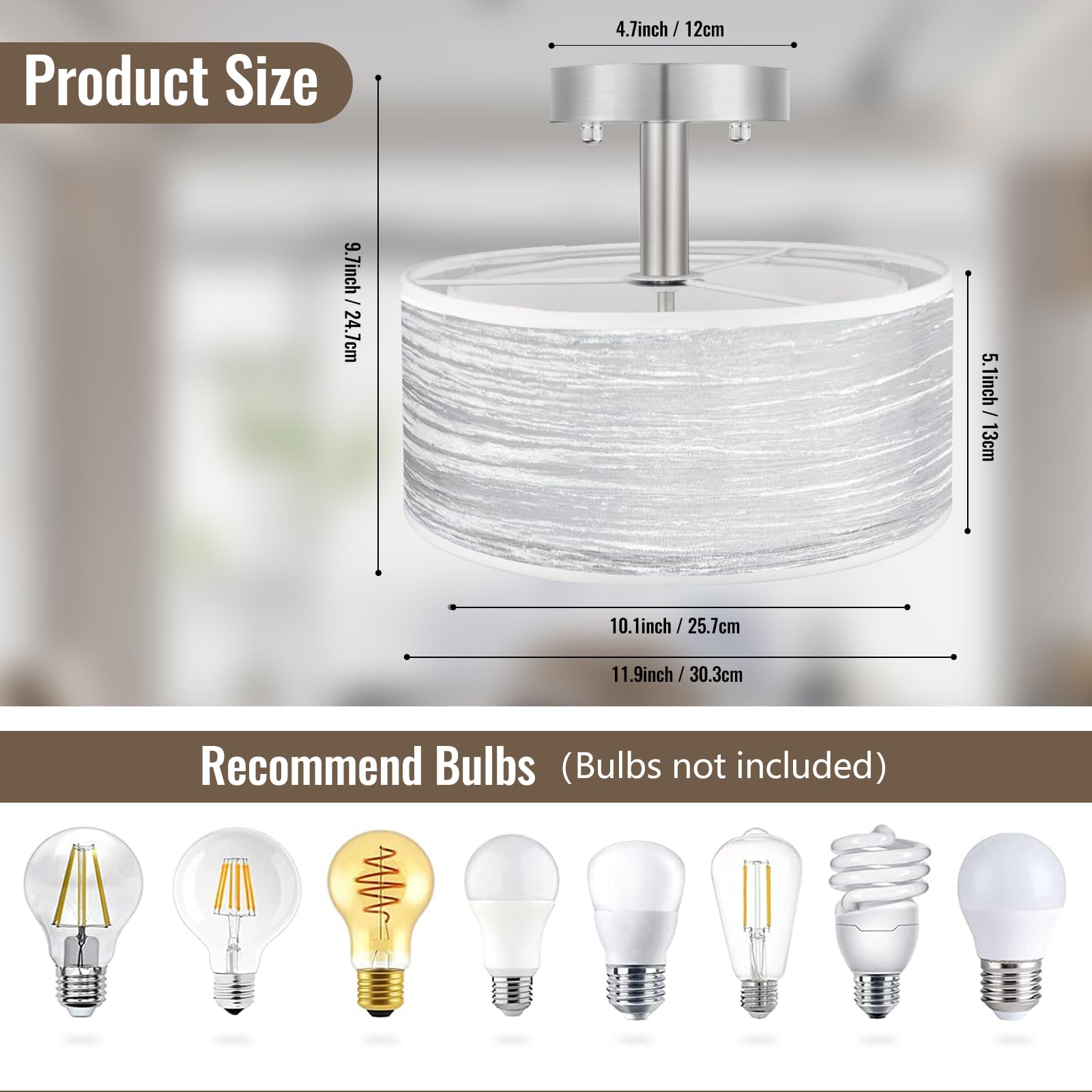 Ceiling Light, 3-Light Ceiling Light Fixture, Semi Flush Mount Ceiling Light, Light Fixtures Ceiling Mount With Double Fabric Shade, Bedroom Lights For Ceiling,Gray Ceiling Light Fixtures For Bedroom